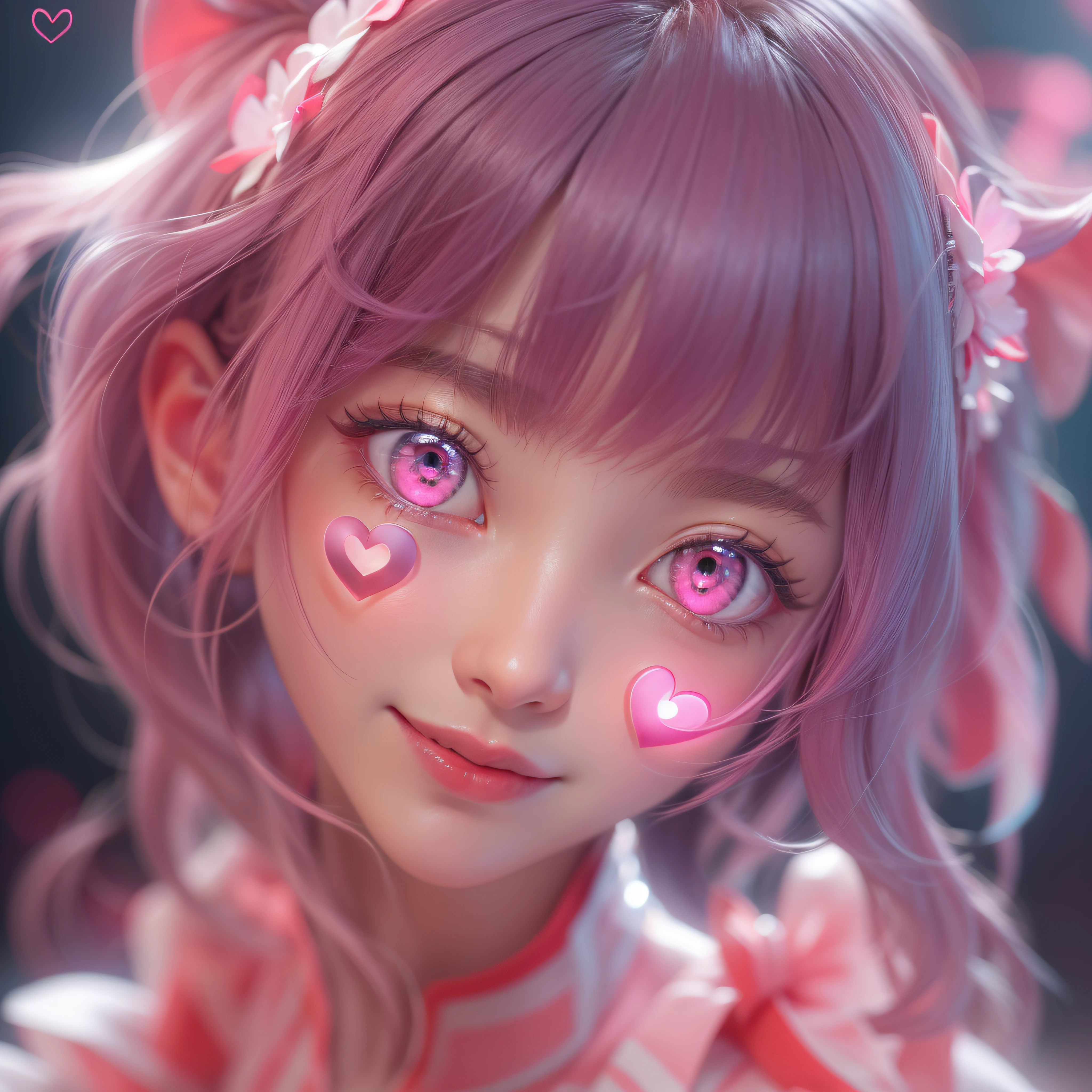 close-up of the smile face、close-up of the smile face、Designer、(realisitic、hight resolution)、(1 girl in)、Do-Up Eye、Korean Girl、(Best Quality), (masutepiece), (1girl in), Solo, a beauty girl, Perfect face, dreamlikeart、Highly detailed airbrush art((Surreal))、Volumetric lighting、(top-quality)、The ultra-detailliert、Highly detailed colorful details、(Bright lighting)、dynamic compositions、Ray traching、The mirror reflects light、Shallow depth of field、ultra-detailliert、mixing  exposure、nffsw、Her eyes are pink and glow heart-shaped、The eyes are pink-heart-shaped。Pink glowing three-dimensional heart on background、Pink glowing three-dimensional heart on background、Pink glowing three-dimensional heart on background、