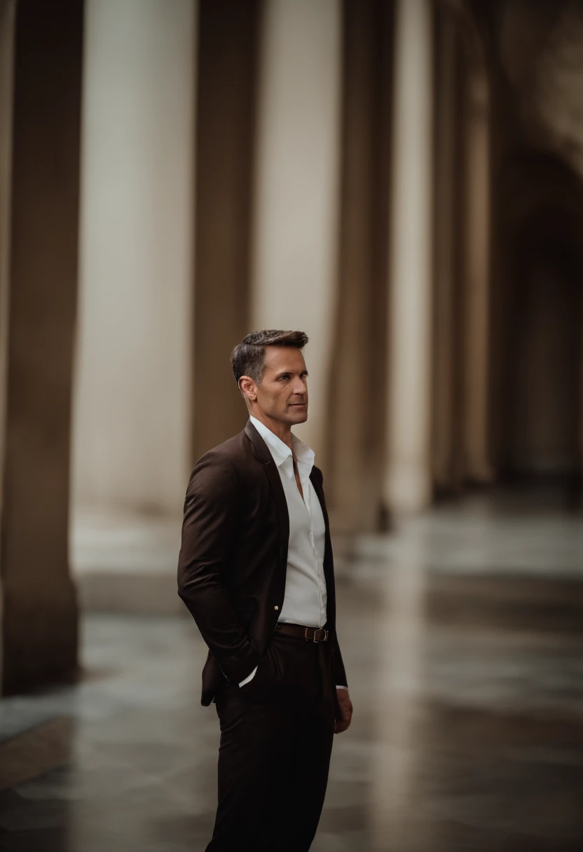 Cinematic portrait , a handsom man, Tall and fit, (40 years old:1.1), (shaven:1.2), (short brown hair :1.5),(very short hair:1.6). black tight suit, white shirt . Minimalistic background, clean composition, strong details, Muted Colours, Hasselblad, style raw