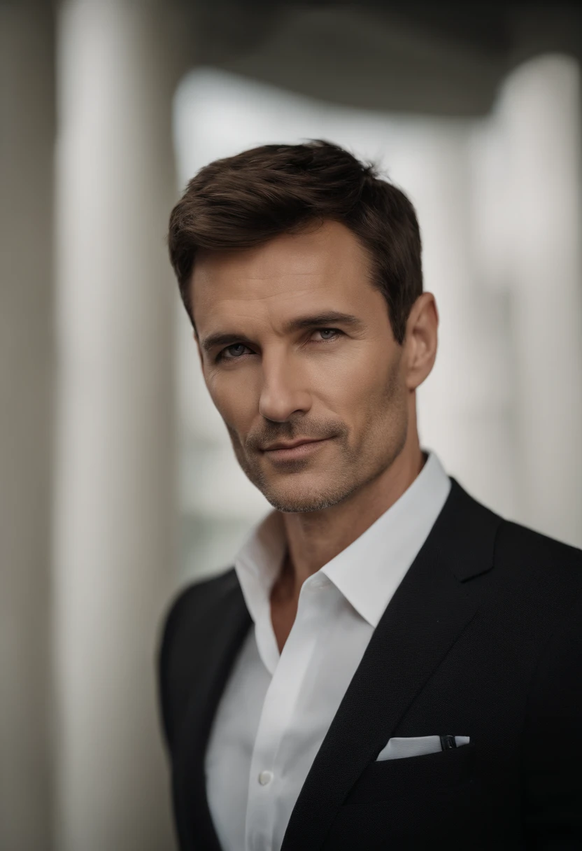 Cinematic portrait , a handsom man, Tall and fit, (40 years old:1.1), (shaven:1.2), (short brown  hair :1.5),(very short hair:1.6). black tight suit, white shirt . Minimalistic background, clean composition, strong details, Muted Colours, Hasselblad, style raw