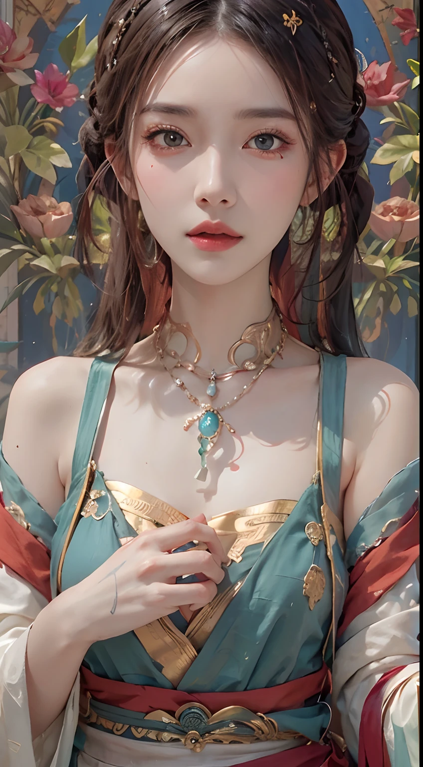 photorealistic, high resolution, 1women, solo, hips up, look at viewer, (detailed face), dunhuang_dress, jewelry, tattoo