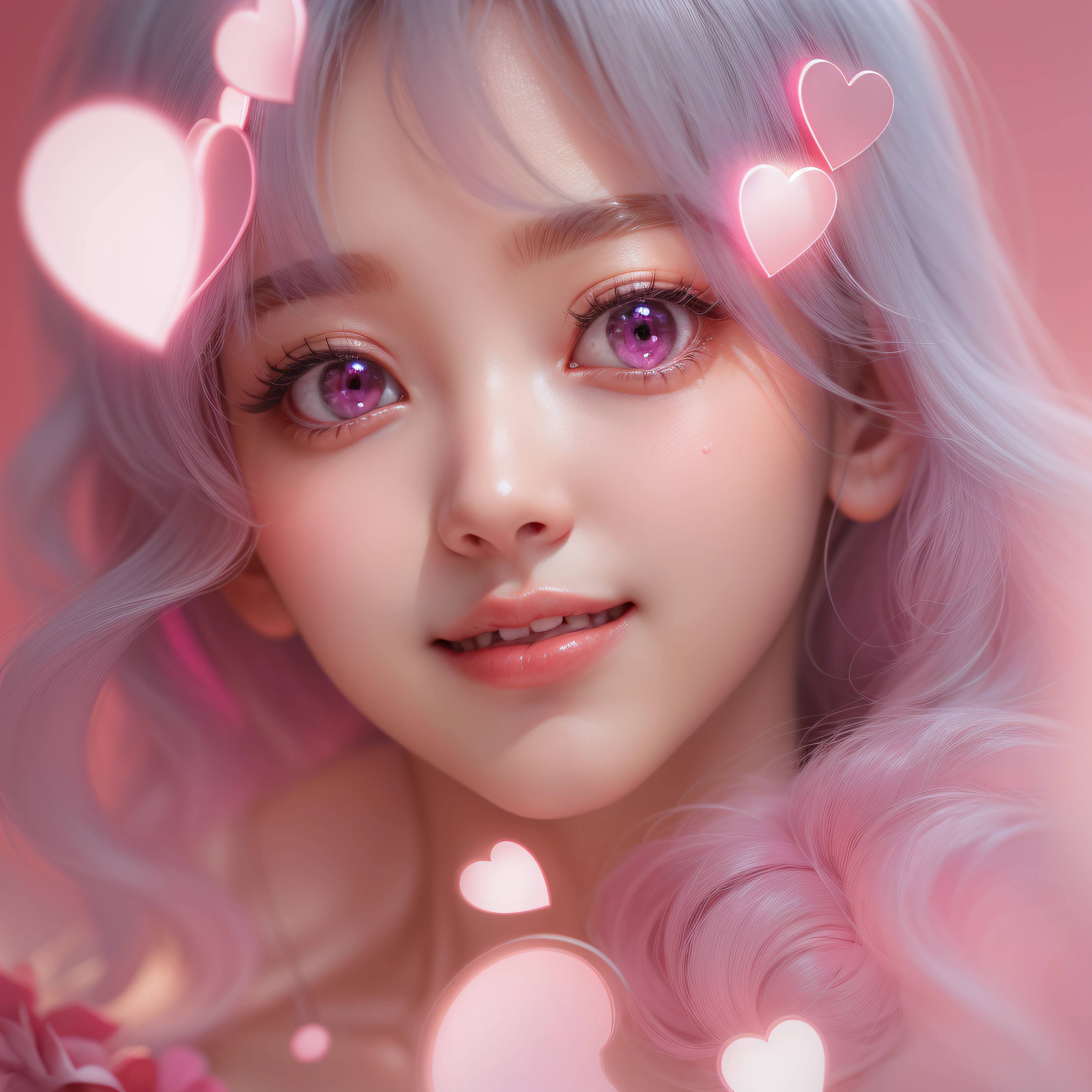 close-up of the smile face、close-up of the smile face、Designer、(realisitic、hight resolution)、(1 girl in)、Do-Up Eye、Korean Girl、(Best Quality), (masutepiece), (1girl in), Solo, a beauty girl, Perfect face, dreamlikeart、Highly detailed airbrush art((Surreal))、Volumetric lighting、(top-quality)、The ultra-detailliert、Highly detailed colorful details、(Bright lighting)、dynamic compositions、Ray traching、The mirror reflects light、Shallow depth of field、ultra-detailliert、mixing exposure、nffsw、Her eyes are pink and glow heart-shaped、The eyes are pink-heart-shaped。Pink glowing three-dimensional heart on background、Pink glowing three-dimensional heart on background、Pink glowing three-dimensional heart on background、