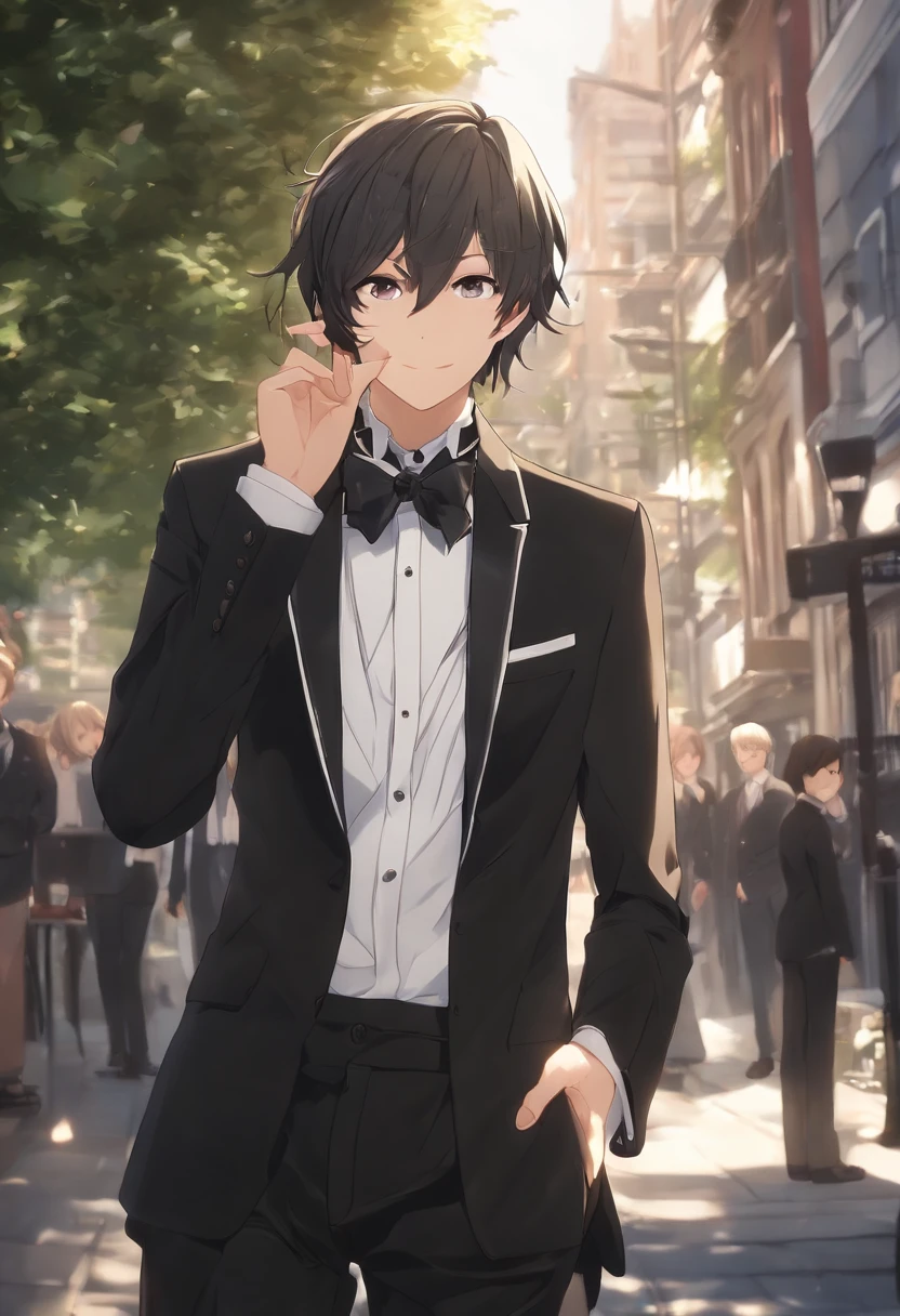 (yukinoshitaYukino:1.5), (oregairu tuxedo :1.5), masterpiece, best quality, absurdres, 1girl, looking at viewer, standing, upper body, outdoors, street, city, arms behind back, smile, wearing tuxedo, formal suit, jacket and jeans