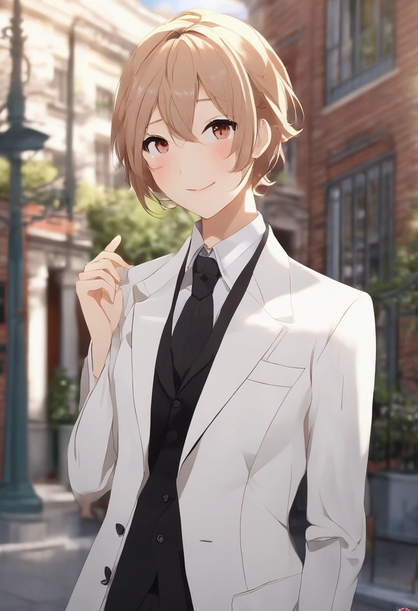 (yukinoshitaYukino:1.5), (oregairu tuxedo :1.5), masterpiece, best quality, absurdres, 1girl, looking at viewer, standing, upper body, outdoors, street, city, arms behind back, smile, wearing tuxedo, formal suit, jacket and jeans
