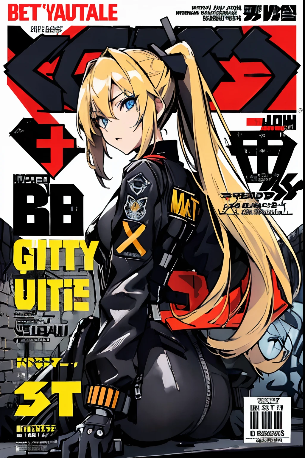 Anime illustration、highest quality、Perfect proportions、Sex Appeal、Overwhelmingly large breasts、Fatty legs、Big Ass、smile、Beautiful, shining eyes、Cowboy Shot、Military magazine cover、Heading、Stylish fonts