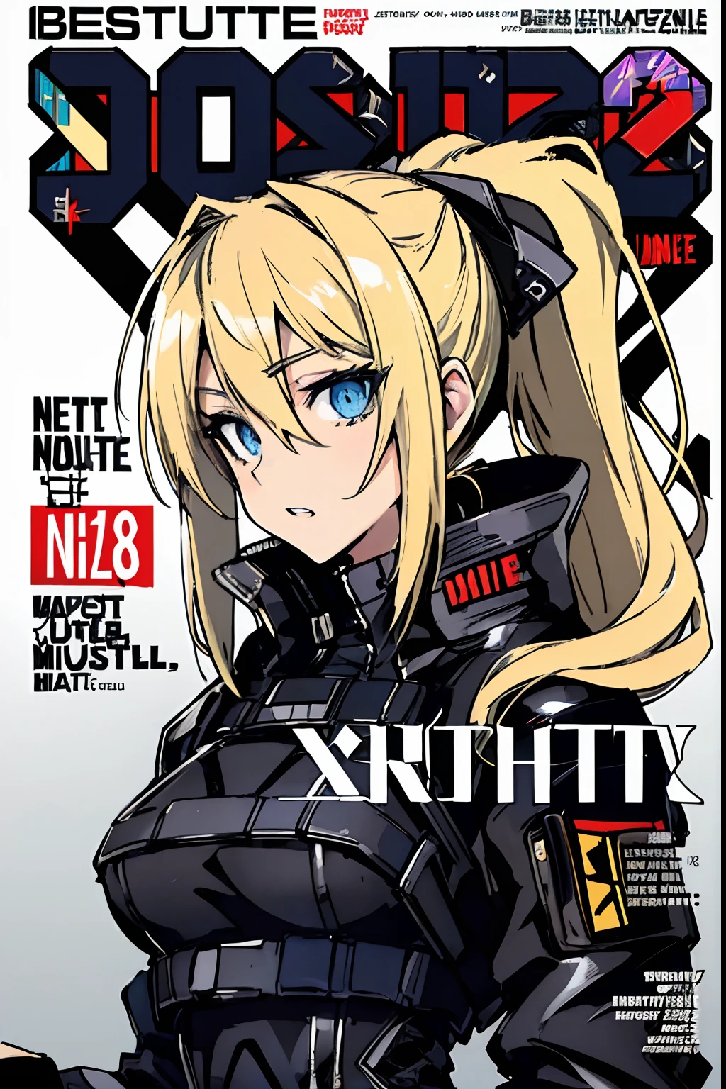 (master piece,Best Quality,Ultra-detailed), (A detailed face), (front-facing view), Young Girl, Blonde long hair, (graffiti wall:1.2), blue eyes, (magazine:1.3), (cover-style:1.3), NSFW