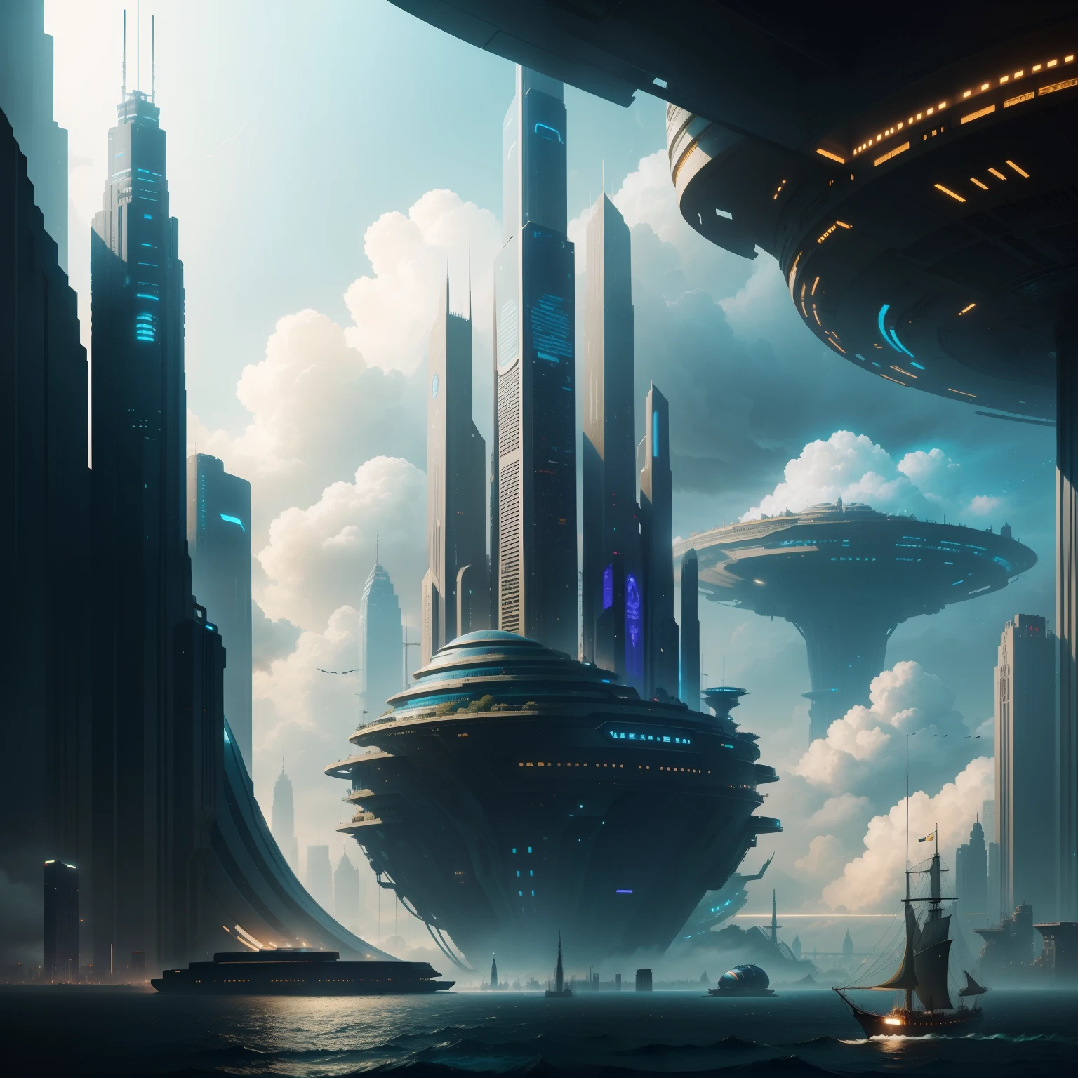 City of Water、water world、City of Water、cyberpunked、Great civilization、SFart by、Fantasia、Futuristic cities、Lined with huge skyscrapers、dream、Huge construction、top-quality、masterpiece、High-definition images、Beautiful future city、In the clouds