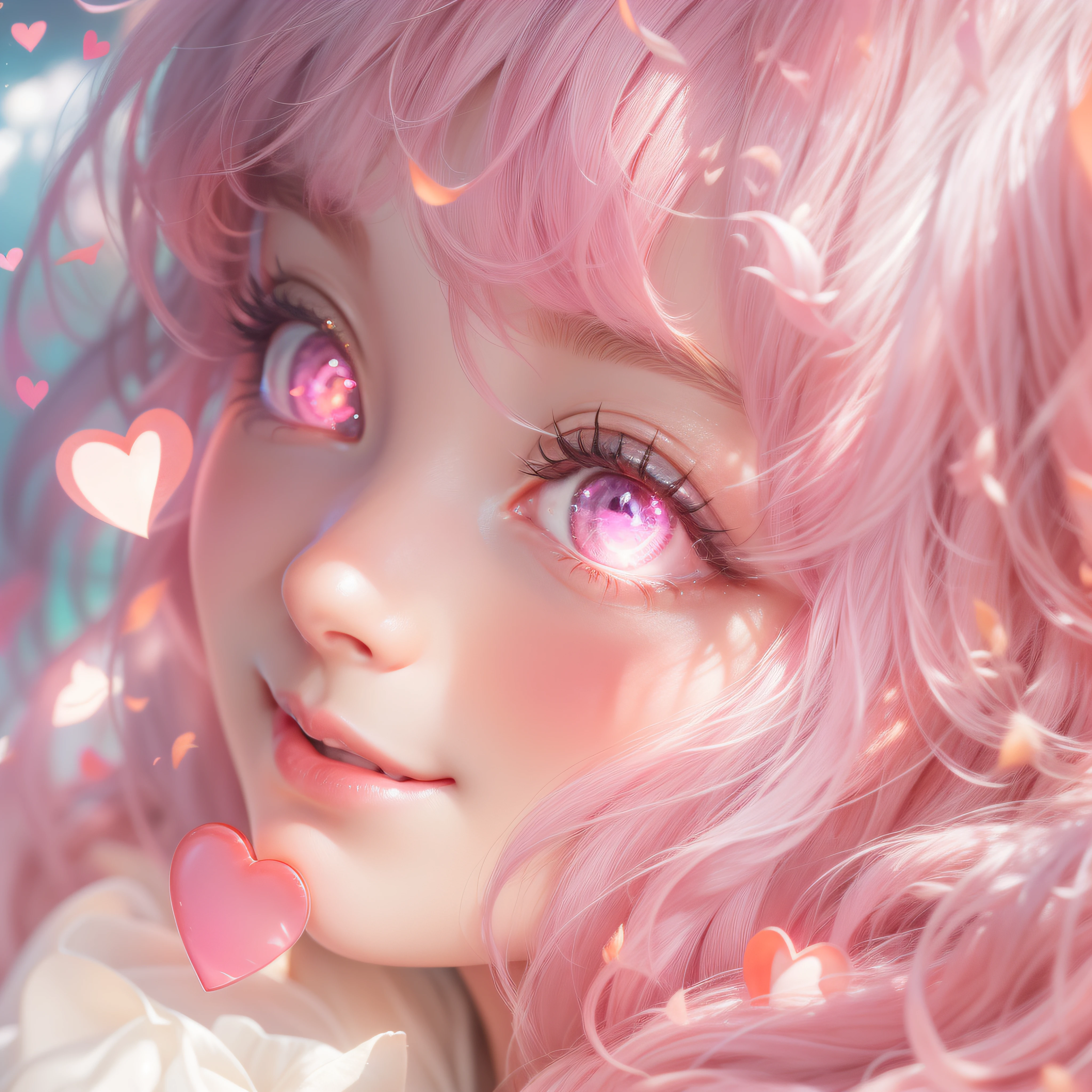 close-up of the smile face、close-up of the smile face、Designer、(realisitic、hight resolution)、(1 girl in)、Do-Up Eye、Korean Girl、(Best Quality), (masutepiece), (1girl in), Solo, a beauty girl, Perfect face, dreamlikeart、Highly detailed airbrush art((Surreal))、Volumetric lighting、(top-quality)、The ultra-detailliert、Highly detailed colorful details、(Bright lighting)、dynamic compositions、Ray traching、The mirror reflects light、Shallow depth of field、ultra-detailliert、mixing exposure、nffsw、Her eyes are pink and glow heart-shaped、The eyes are pink-heart-shaped。Pink glowing three-dimensional heart on background、Pink glowing three-dimensional heart on background、Pink glowing three-dimensional heart on background、