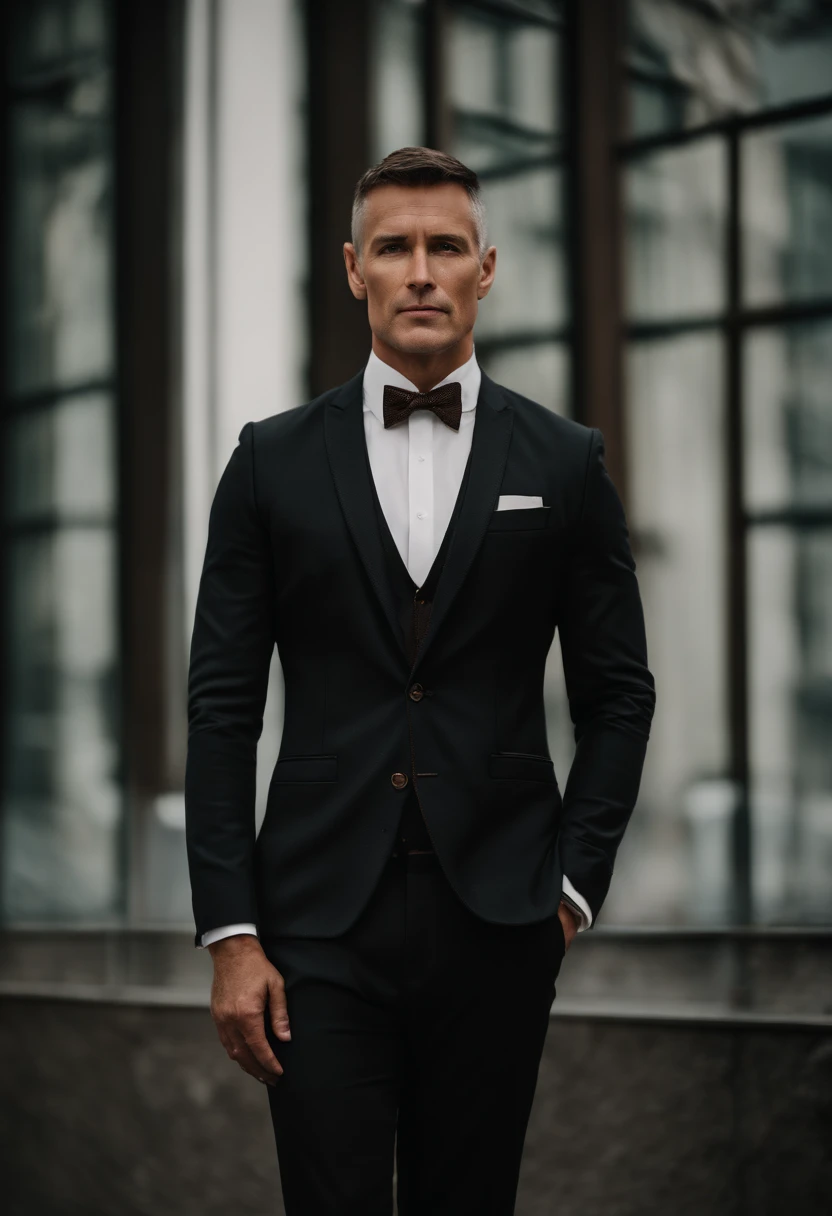 Cinematic portrait , a handsom man, Tall and fit, (40 years old:1.1), (shaven:1.2), (very short brown hair :1.5),(very short hair:1.6). black tight suit, white shirt . Minimalistic background, clean composition, strong details, Muted Colours, Hasselblad, style raw