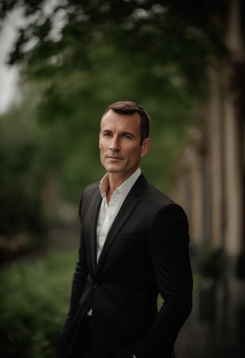 Cinematic portrait , a handsom man, Tall and fit, (40 years old:1.1), (shaven:1.2), (very short brown hair :1.5),(very short hair:1.6). black tight suit, white shirt . Minimalistic background, clean composition, strong details, Muted Colours, Hasselblad, style raw