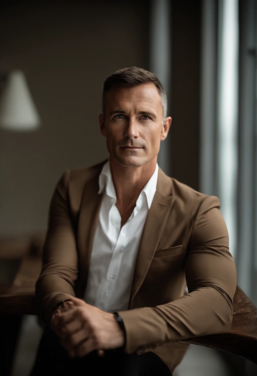 Cinematic portrait , a handsom man, Tall and fit, (40 years old:1.1), (shaven:1.2), (very short brown  hair :1.5),(very short hair:1.6). black tight suit, white shirt . Minimalistic background, clean composition, strong details, Muted Colours, Hasselblad, style raw