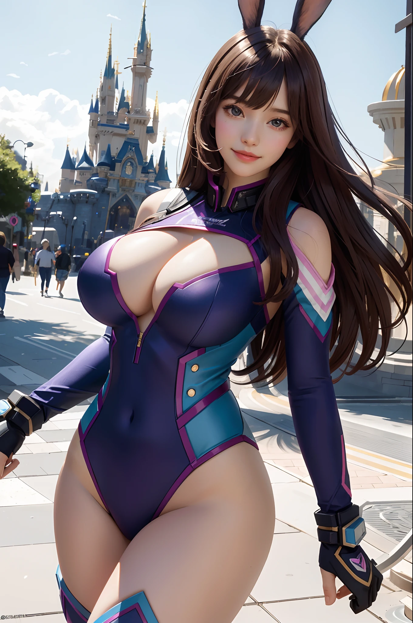 (best quality, masterpiece:1.1), (realistic:1.4), 1girl, portrait, (D-va suit),gigantic breasts,big cleavage,slim waist,wide hips,breasts about to burst of her clothing,brown hair,blunt bangs,bunny ears,happy,in the Disneyland,smile