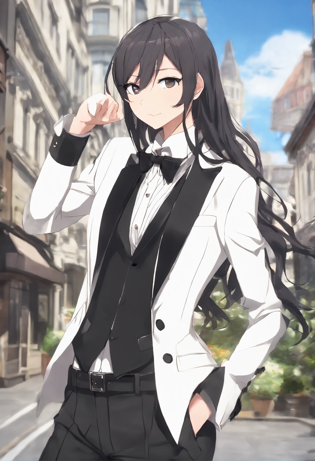 (yukinoshitaYukino:1.5), (oregairu tuxedo :1.5), masterpiece, best quality, absurdres, 1girl, looking at viewer, standing, upper body, outdoors, street, city, arms behind back, smile, wearing tuxedo, formal suit, jacket and jeans