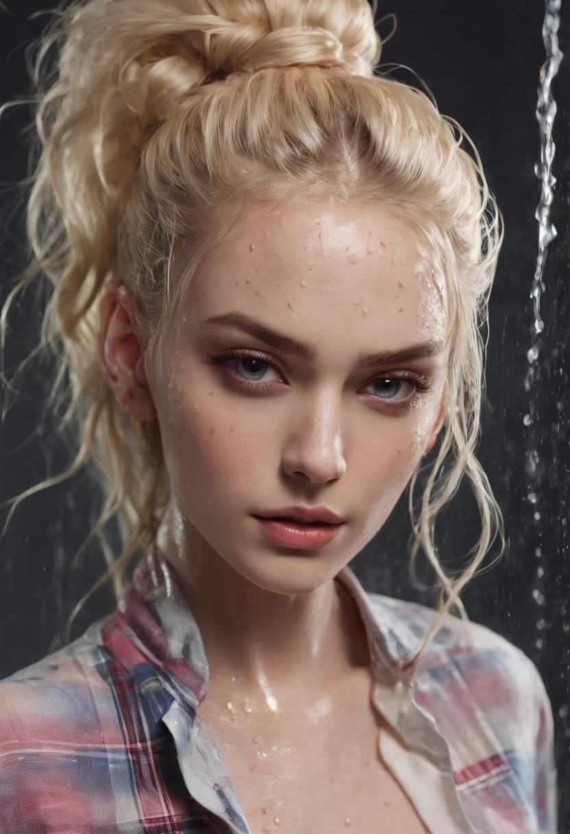 photograph of woman standing in shower with long blonde hair pulled back, long hair, tattoos, soaked hair, plaid shirt, soaked clothes, wet hair pulled back, wet jeans, wet clothes, raining, soaked, hair slicked back, beautiful symmetrical face, highly detailed, intricate, sharp focus, 85mm, mid shot, (centered image composition), trending on Instagram, ultra realistic, concept art