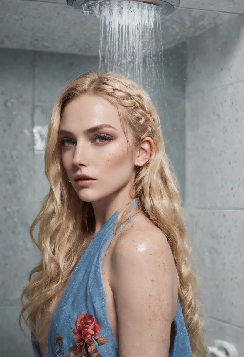 photograph of woman standing in shower with long blonde hair pulled back, long hair, tattoos, soaked hair, plaid shirt, soaked clothes, wet hair pulled back, wet jeans, wet clothes, raining, soaked, hair slicked back, beautiful symmetrical face, highly detailed, intricate, sharp focus, 85mm, mid shot, (centered image composition), trending on Instagram, ultra realistic, concept art