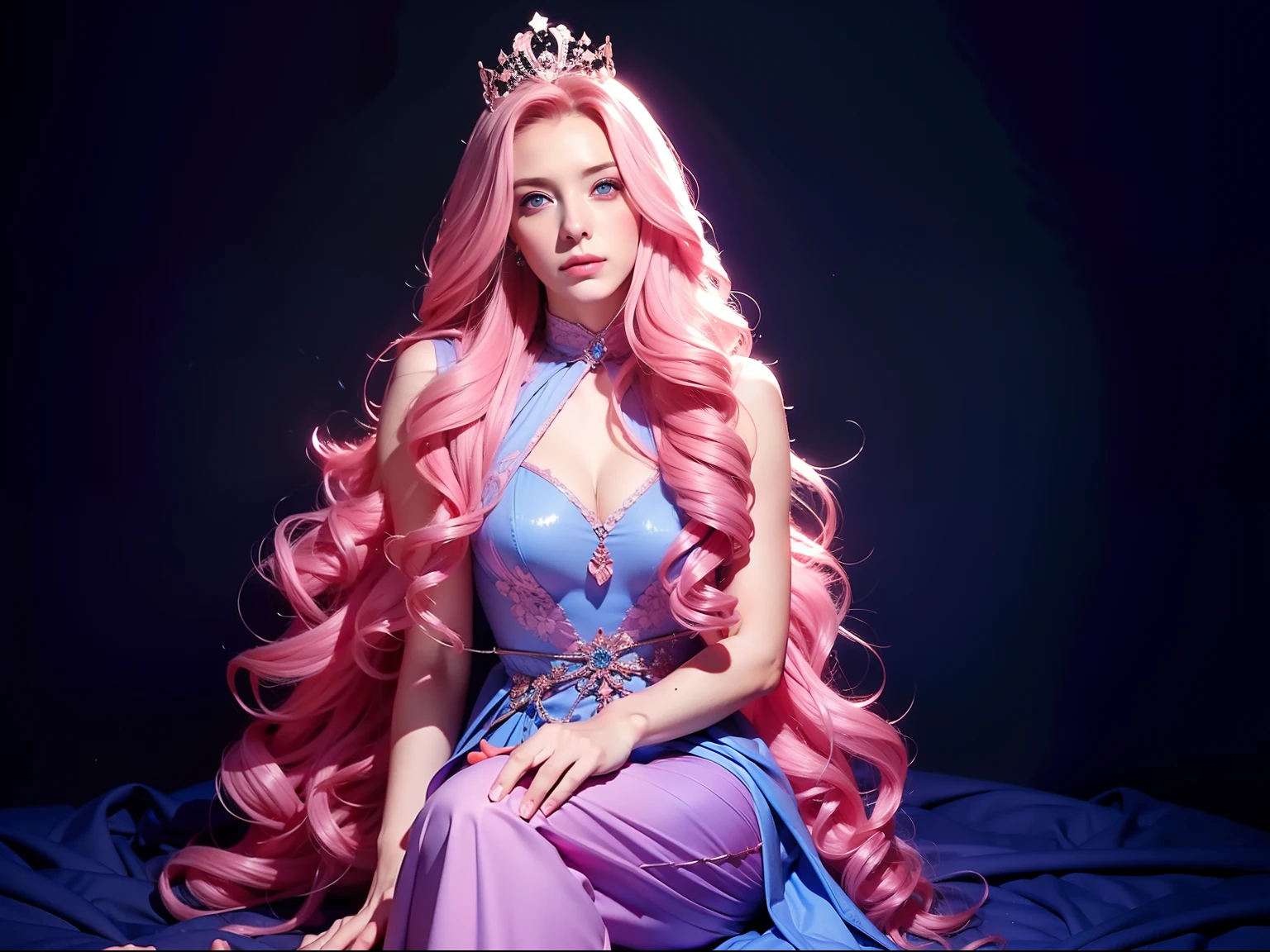 one woman, Eleven, waist-length long curly hair, voluminous, pink hair, blue eyes, Eleven, sitting on a throne, dark, sexy outfit, dark background, house setting, magic around