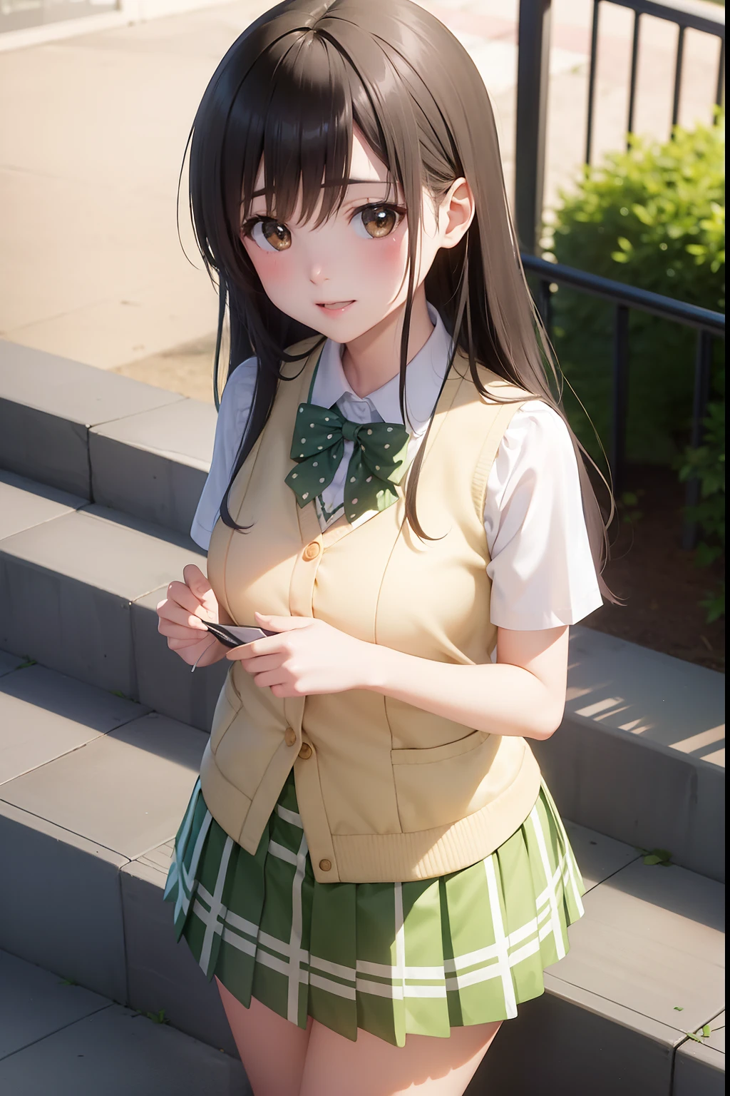 Yui Kotegawa、Colossal tits、stairs at school、Panchira、with floral pattern　pink panties、Whitecheck　Green pleated skirt、Black lace　Polka Dot Bra、White ribbon blouse with open chest、Navel Ejection、Black lace stockings、Brown loafers、A slender、facing back　Looking at the camera