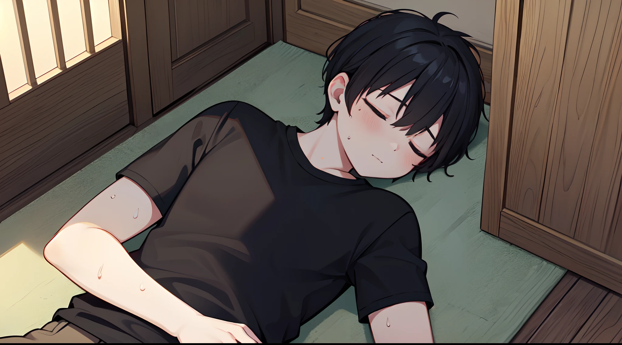 ( raw photo,ultra-detailed:1.2) ((Best Quality)), ((Masterpiece)), (detailed), 1 17 year old boy, He is wearing a black jacket that is over a white shirt that has a graphic design, black pantaloon, black sneaker with white laces. Lying on his bed in his room, with a bored expression looking at the ceiling. black and white anime style