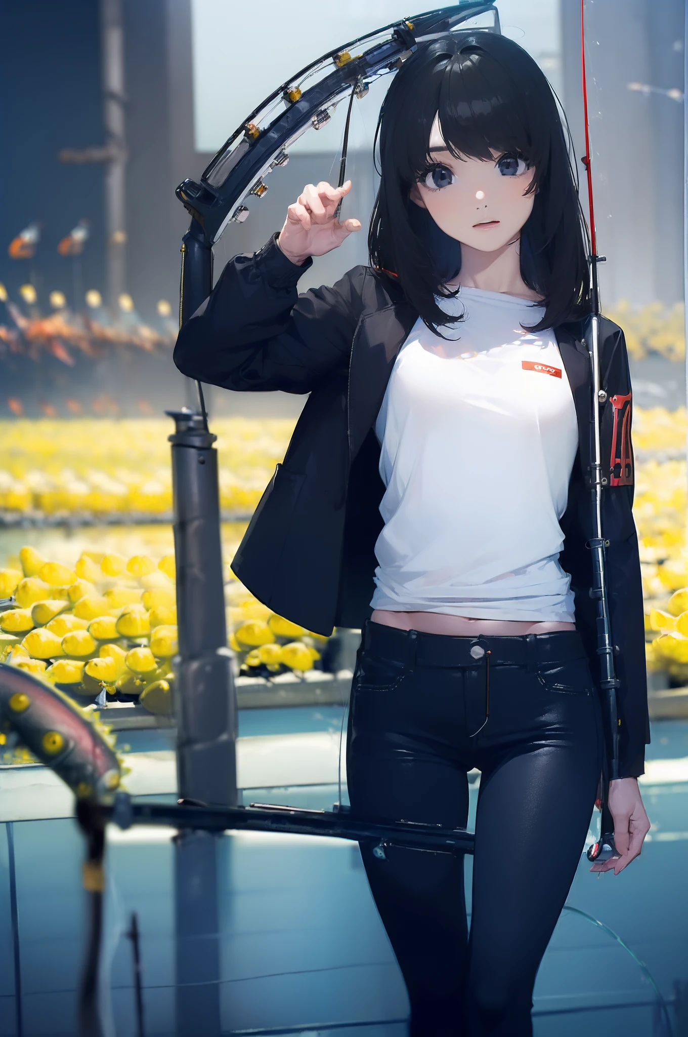 ((((Have fishing rod with a reel:1.5)))),((Female 28 years old)),((Best Quality:1.5)),(((Hands with the correct number and structure of fingers:1.4))),((lakeside:1.37)),hight resolution,ultra-detailliert,masterpiece,best qualtiy,(Eight-headed body),Black hair, long eyeslashes, Solid Circle Eyes, drop shadow, Atmospheric perspective,Super Detail, ccurate, small brest,(Black jacket and black jeans :1.1),top-quality, blurry backround, bokeh dof:1.2, (masterpiece:1.3), Atmospheric perspective,Super Detail,dynamic compositions,