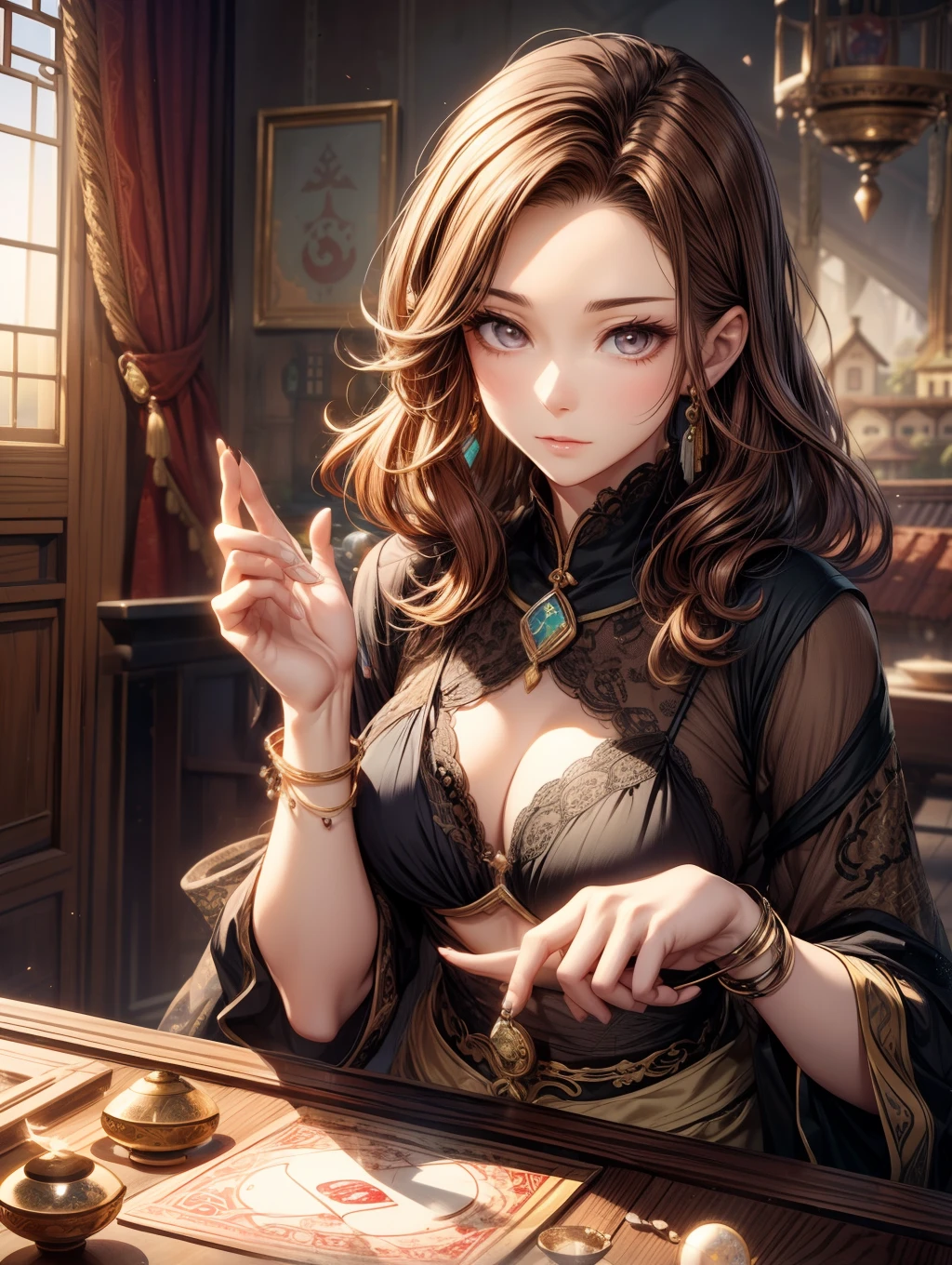 Best Quality, masutepiece, beautiful mature women、Beautiful face、Strong-minded woman、fortune teller、brown haired、Brown-eyed、Longhaire、Undersized eyes、Crystal jade、(((House of fortune telling)))