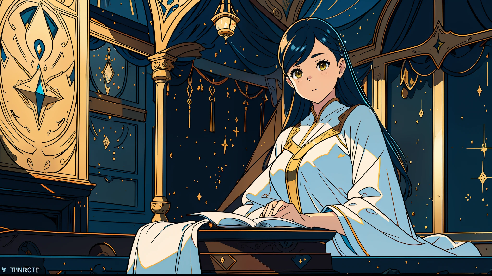 1 young girl with long blue and yellow eyes with reading a letter while sitting in private room in the night, alone, High detail mature face, tie hair on the left side, golden eyes, white sleep gown, high res, ultra sharp, 8k, masterpiece, smiling, fantasy world, magical radiance background ((Best quality)), ((masterpiece)), 3D, HDR (High Dynamic Range),Ray Tracing, NVIDIA RTX, Super-Resolution, Unreal 5,Subsurface scattering, PBR Texturing, Post-processing, Anisotropic Filtering, Depth-of-field, Maximum clarity and sharpness, Multi-layered textures, Albedo and Specular maps, Surface shading, Accurate simulation of light-material interaction, Perfect proportions, Octane Render, Two-tone lighting, Wide aperture, Low ISO, White balance, Rule of thirds,8K RAW, Aura, masterpiece, best quality, Mysterious expression, magical effects like sparkles or energy, flowing robes or enchanting attire, mechanic creatures or mystical background, rim lighting, side lighting, cinematic light, ultra high res, 8k uhd, film grain, best shadow, delicate, RAW, light particles, detailed skin texture, detailed cloth texture, beautiful face, 
(masterpiece), best quality, expressive eyes, perfect face,