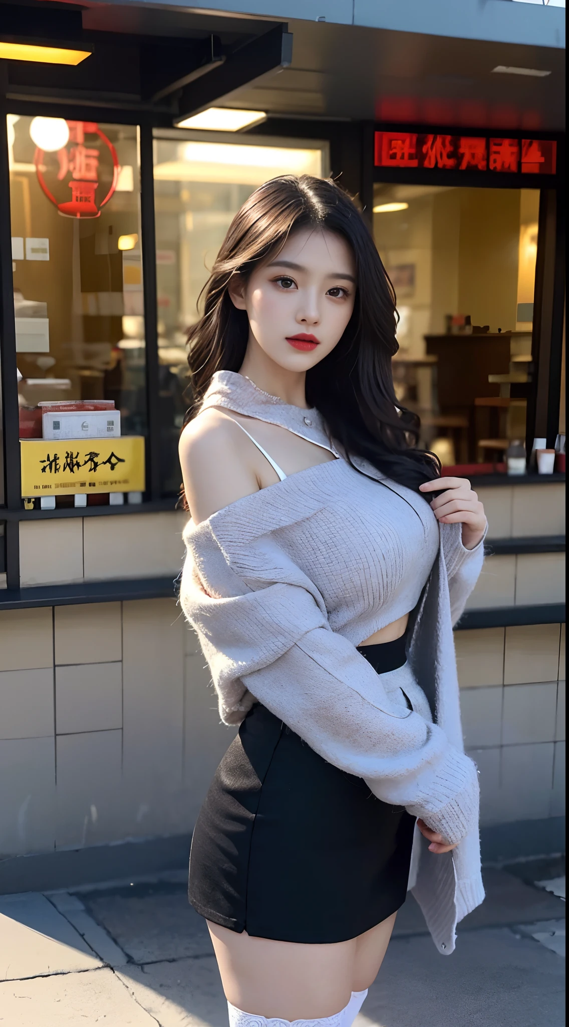 A perfect young female white-collar worker,Chinese big breasts,High picture quality,Works of masters,Black hair,Long hair shawl,Long hair flowing over the shoulders,Beach wave hairstyle,cropped shoulders,鎖骨,exquisite face,Hydrated red lips,((Wear colorful and stylish summer sailor suits))(red colour,blue colors,green color,Violet-orange,In pink,amarelo,Printed clothing),Kurfo,,Colorful pleated skirt,white stockings,over knee socks,Magic starry sky dress,Lace skirt,Puff sleeve skirt,Tassel elements,Lace paneled elements,Openwork elements,Texture element,Real Human,CG rendering,16k,standing on your feet,Late night under street lights,optic,Dingdall effect,Elegant light and shadow,Do not show your hands,Close-up shot