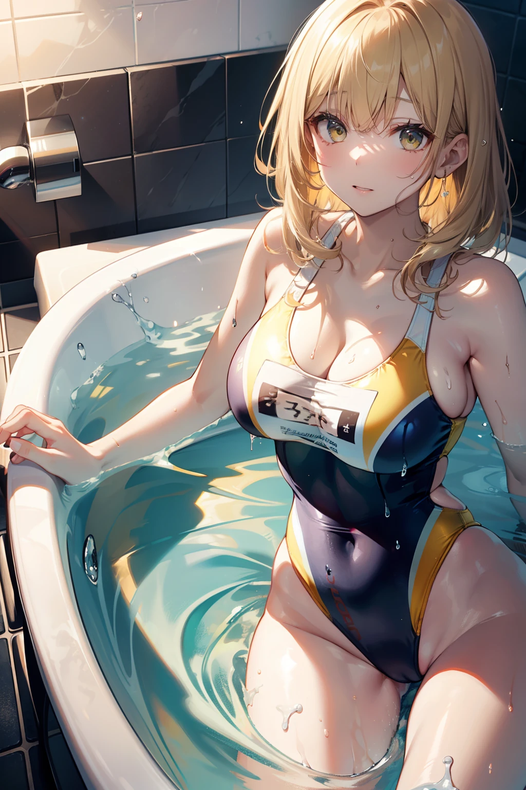 top-quality、Full limbs、complete fingers、Slender beauty、straight haired、blondehair、Medium Hair、Raw feet、(Yellow competition swimsuit:1.3)、The overall color of the swimsuit is yellow、Wet texture、Beautiful Large Breasts、Bathroom in a luxury apartment、White big plastic bathtub、Black marble walls and floor、Blushing、Hot flashes、Soaking in hot water