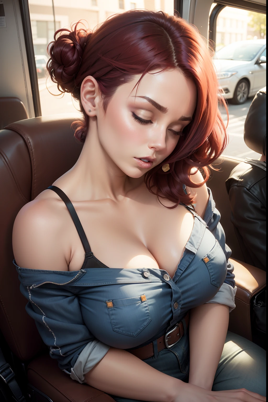 1 beautiful woman, large body, curvy, maroon hair, short hair, face made up, hair tied up in a bun, hair over the face, black low-cut blouse, FINGERS CROSSED, shot from above, top angle perspective, blue jeans, handbag blue, big nails, eyelids made up, eyelids outlined, asleep lying on a bus, head resting on the seat, eyes closed, MOUTH OPEN WIDE.