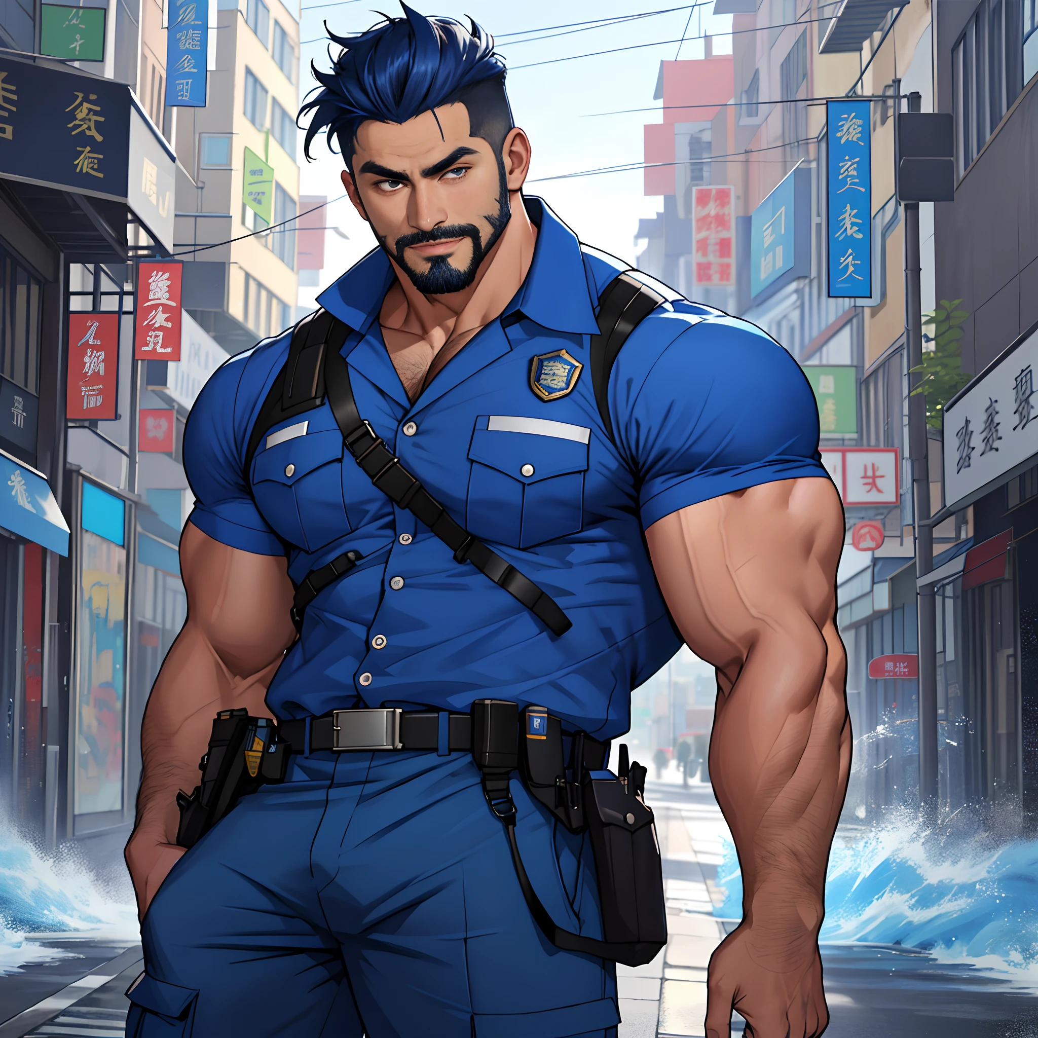 best qualtiy， tmasterpiece， 超高分辨率， detailedbackground， photorealestic， illustratio， Single， 1   boy， muscle men， sbeard， Police， the street， musculature， Facial hair， Volumetriclighting， depth of fields， blue clothes