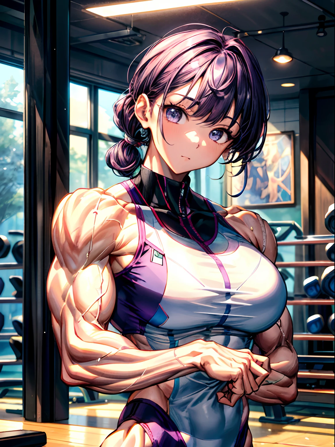 (Anime artwork, Anime Style, Studio Anime, Very detailed, Latest, Vibrant, Anime Coloring, High Contrast, masterpiece:1.2, Highest quality, Best aesthetics),1 person, Mid-chest,Random Hair, Perfect Proportions, Skin with attention to detail, cute, Detailed face,Gym,Side Chest Pose,bodybuilding,whole body,