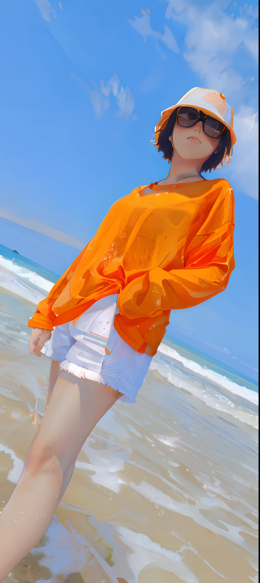 Woman in orange shirt and white shorts standing in the ocean, Official product image, orange hues, neon orange, Wearing wheat yellow gauze, Orange color, Orange tone, (light orange mist), orange ray, orange neon, orange hues, long orange sweatshirt, Orange skin, in orange clothes) Fight, Orange body, orange tint, vibrant orange, on a bright day