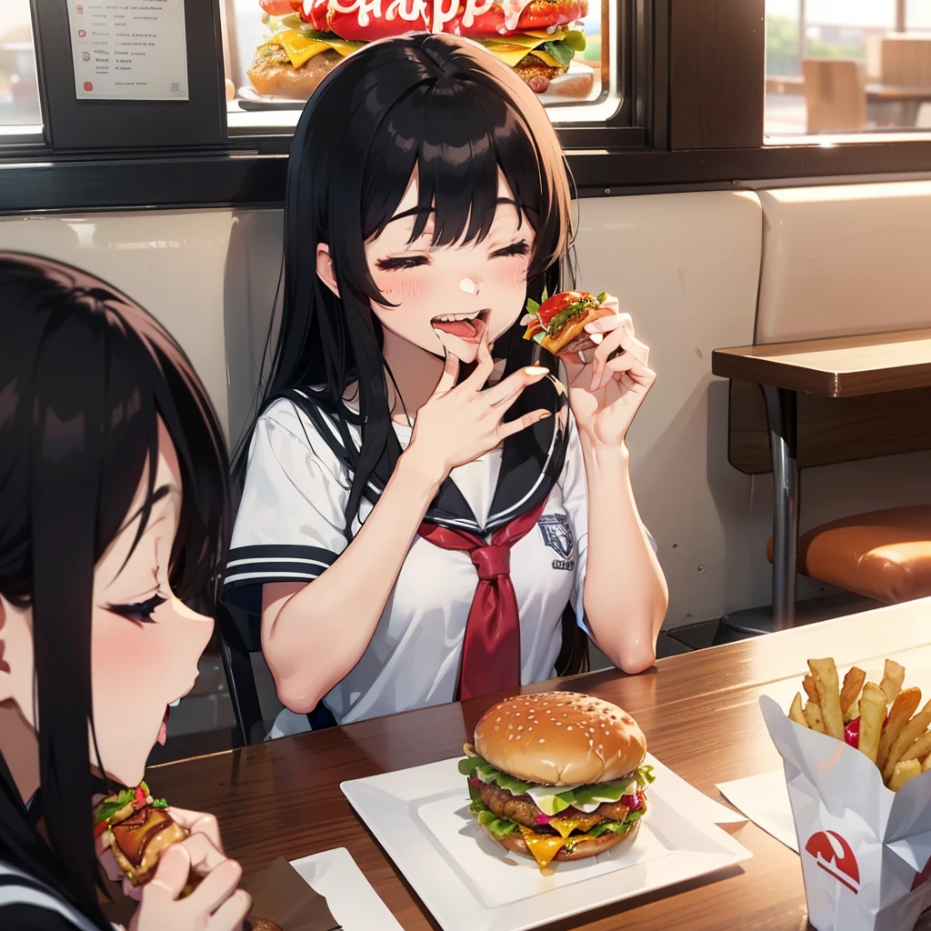 1 beauty, 18 high school girls, Watery Big Eyes，serafuku, (Happy smile)，long eyelasher, Blushlush，Black Perm Hair,At the table in a fast food restaurant, (Close your eyes, Smile and open your mouth wide), ((Gnawing on a grabbed hamburger with both hands)),(Eat cleanly)