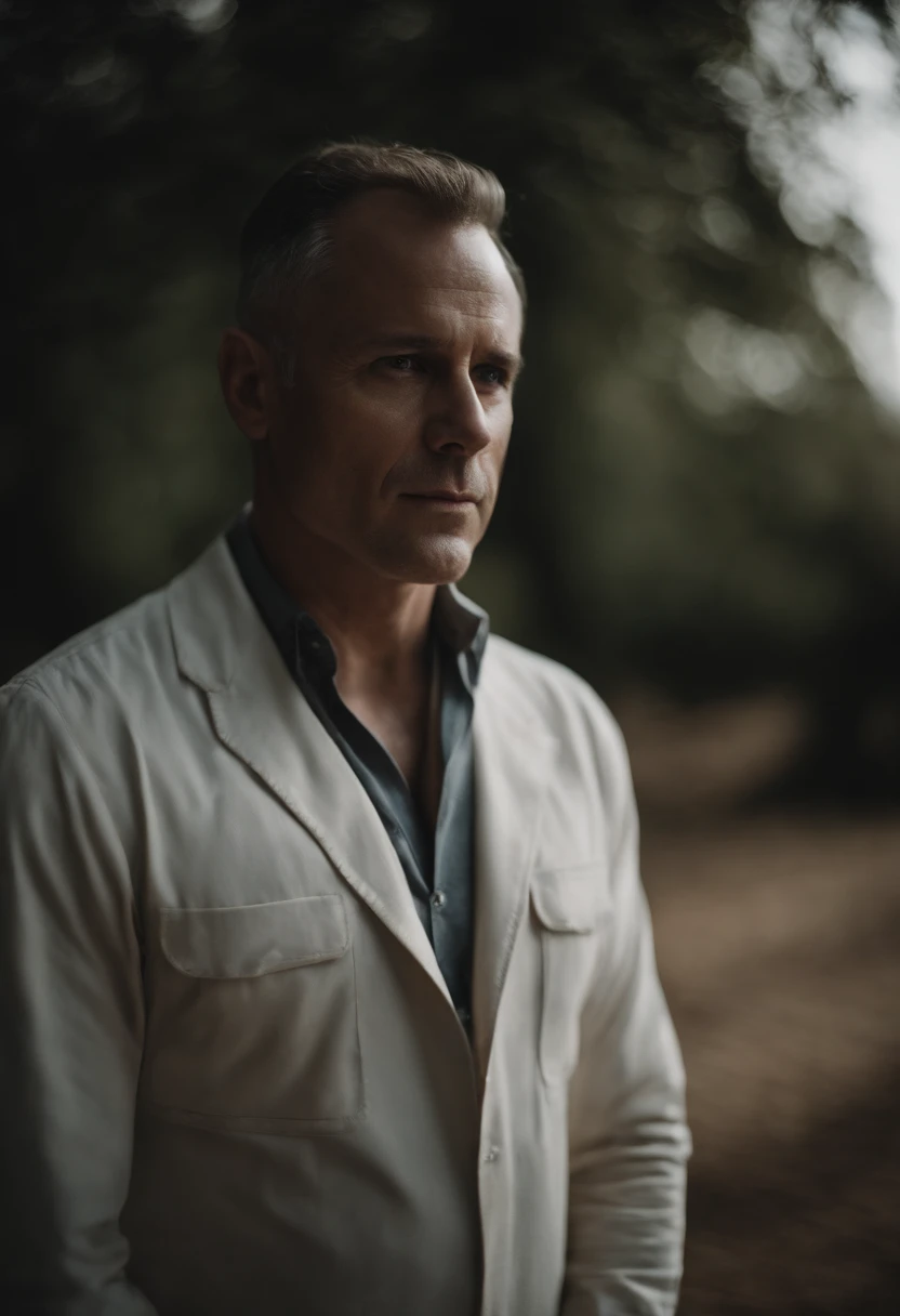 Cinematographic portrait , Un homme Handom, Grand et en forme, (40 ans:1.1), (shaven:1.2). costume moulant noir, chemise blanche . minimalist background, Composition propre, Strong details, muted colors, Hasselblad, style brut