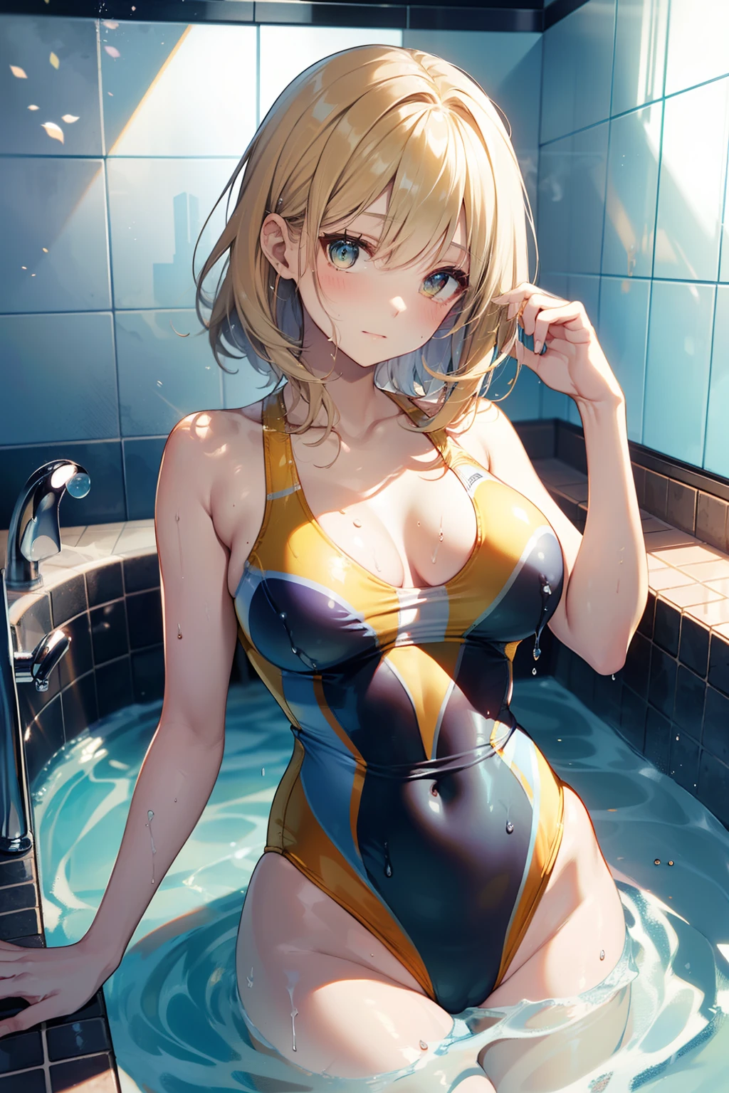 top-quality、Full limbs、complete fingers、Slender beauty、straight haired、blondehair、Medium Hair、Raw feet、(Yellow competition swimsuit:1.3)、The overall color of the swimsuit is yellow、Wet texture、Beautiful Large Breasts、Bathroom in a luxury apartment、White big plastic bathtub、Black marble walls and floor、Blushing、Hot flashes、Soaking in hot water