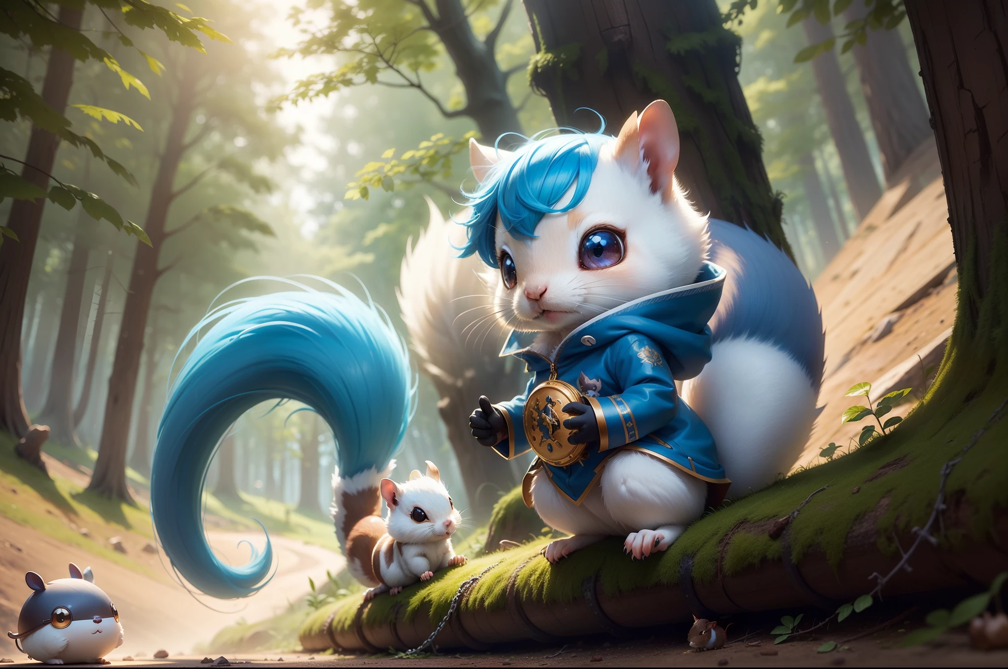 There is a small white squirrel with an acorn in his hand, Chibichara A cute girl with blue hair is also with me。It is a cute costume in white and blue。Dark eyes。cute forest creature, Adorable Digital Painting, cute detailed digital art, the squirrel king, Cute digital art, cute cartoon characters, cute character, CuteCreatures, Cutie, official illustrations, Official art, squirrel, maplestory mouse, astri lohne, cute 3d render