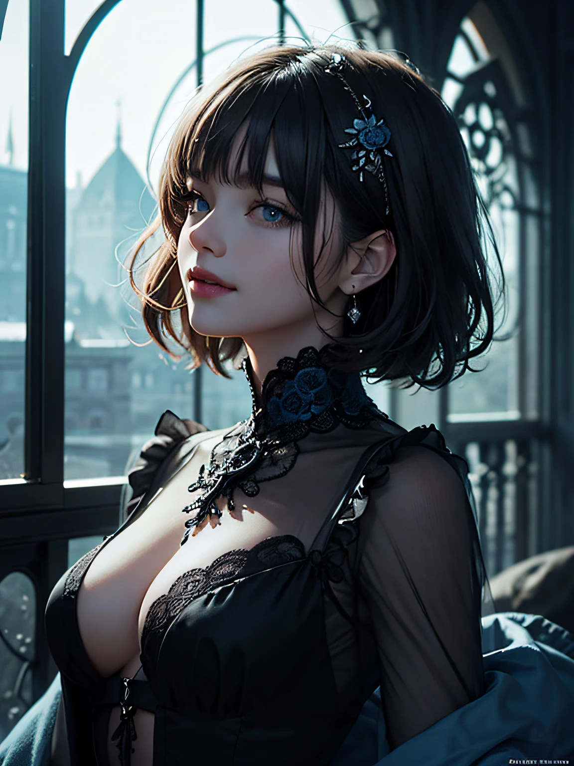 Official Art, Unity 8k wallpaper, ultra-detailed, beautiful, beautiful, masterpiece, best quality, dark, atmospheric, mystical, romantic, creepy, literature, art, fashion, victorian, decoration, intricate, ironwork, lace, contemplative, emotional depth, supernatural, 1 girl, short hair, (short black hair with fringe), (blue highlight), (blue eyes), smile, solo, neck, bust composition