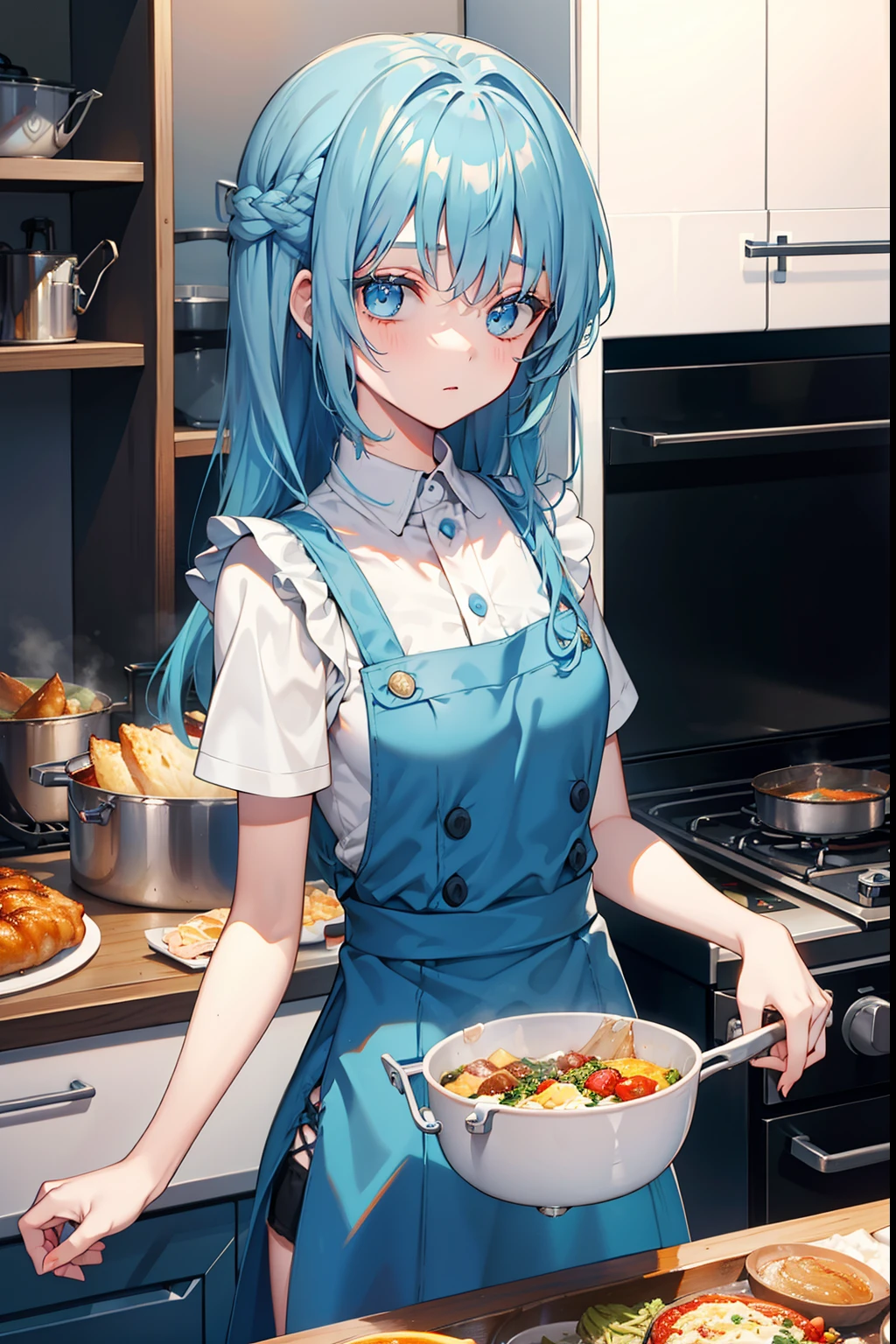 teens girl　length hair　Blue hair　blue eyess　pinafore　Cooking dishes　cuisine