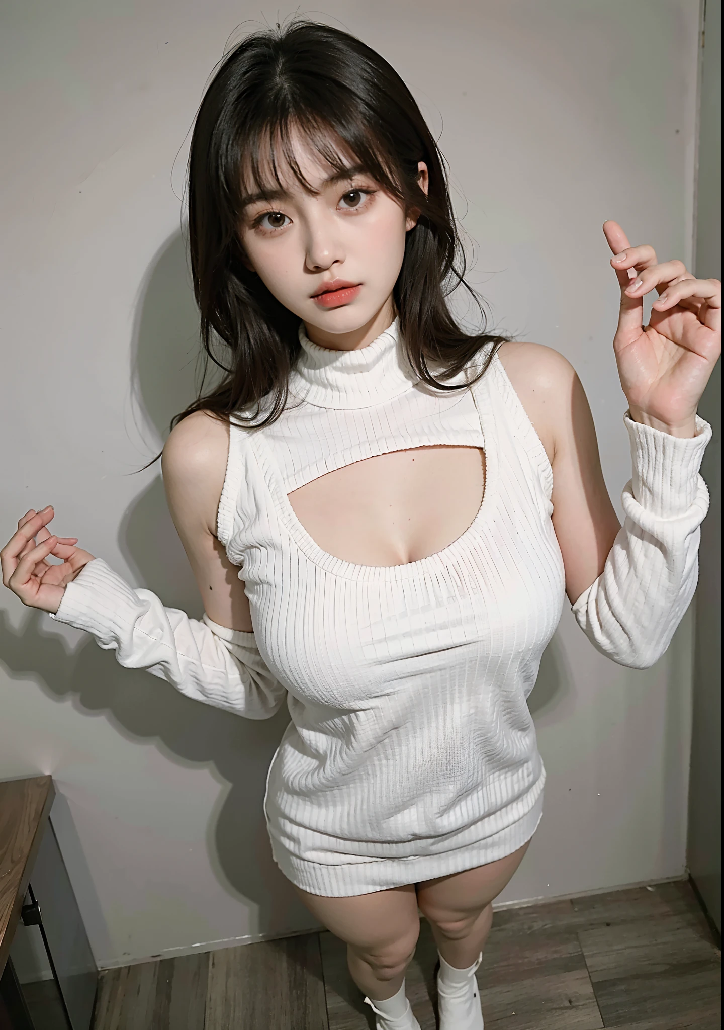 Asian woman posing for photo in white sweater, Gorgeous young Korean woman, Open V chest clothes, Korean girl, Beautiful young Korean woman, beautiful Korean women, in white turtleneck shirt, thick collar, Thick neck, Beautiful Asian girl, Choi Hyun-hwa, 2 4 year old female model, attractive neck, Good young girl