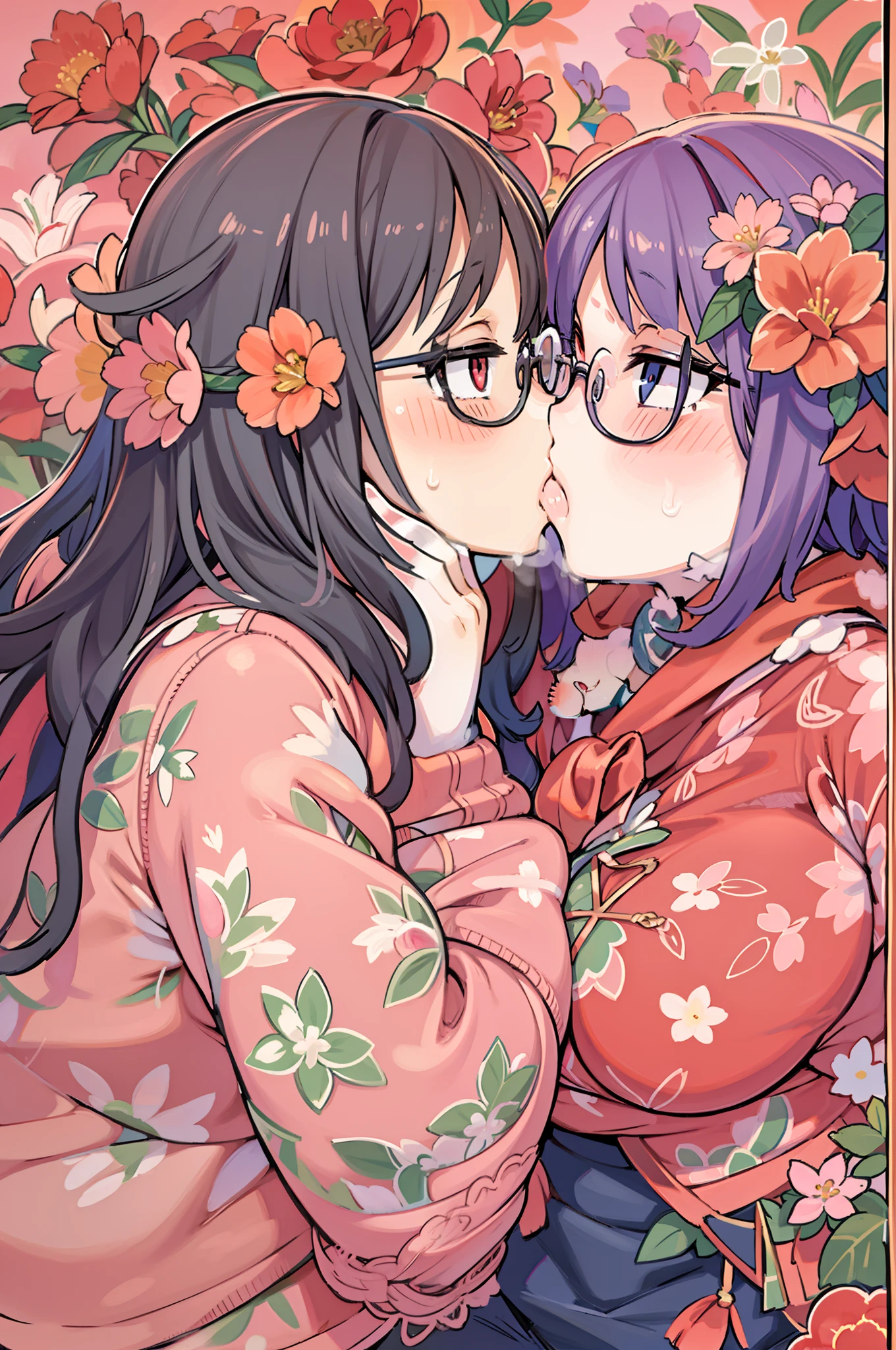 Two-dimensional girl enjoying flowers、huge-breasted、big round glasses、bbw,Large Thigh、Two girls、embracing each other、Deep kissing、the kiss、lesbian、red blush