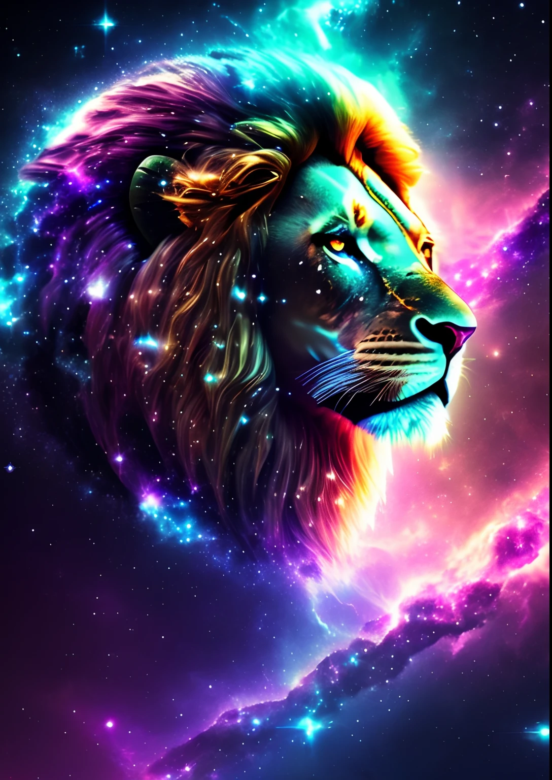 dreamlikeart, galaxy, outer space, nebula, star, [cyberpunked] Lion from the Stars (star:1.5),