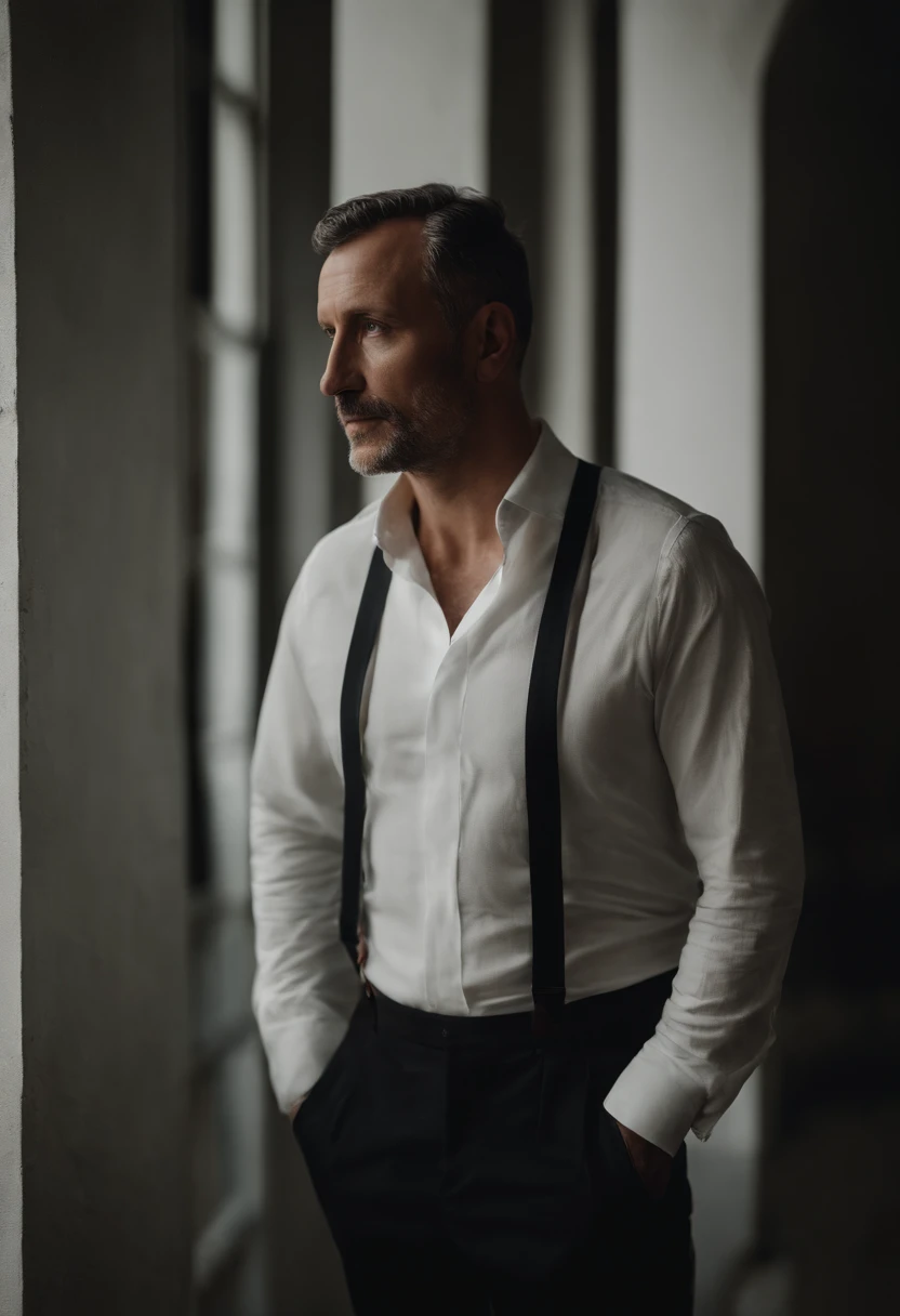 Cinematographic portrait , Un homme Handom, Grand et en forme, (40 ans:1.1), (shaven:1.2). Costume moulant noir, chemise blanche . minimalist background, Composition propre, Strong details, muted colors, Hasselblad, style brut