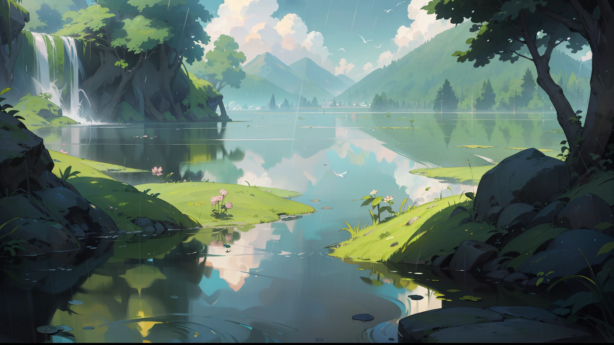 (Masterpiece, Best quality, High quality, A high resolution:1.4), Extremely detailed, 4K, Outdoors, Nature, forest, Green trees, Grass, A plant, Flowers, River, Caustics, Ripples, pond, jungles, dense foliage, fern,(cloud sky:1.3),(rain:1.3),anime big breast,Rain ripples on the water，Mountain，((bird's eyes view))，Fantasy video game character concept art