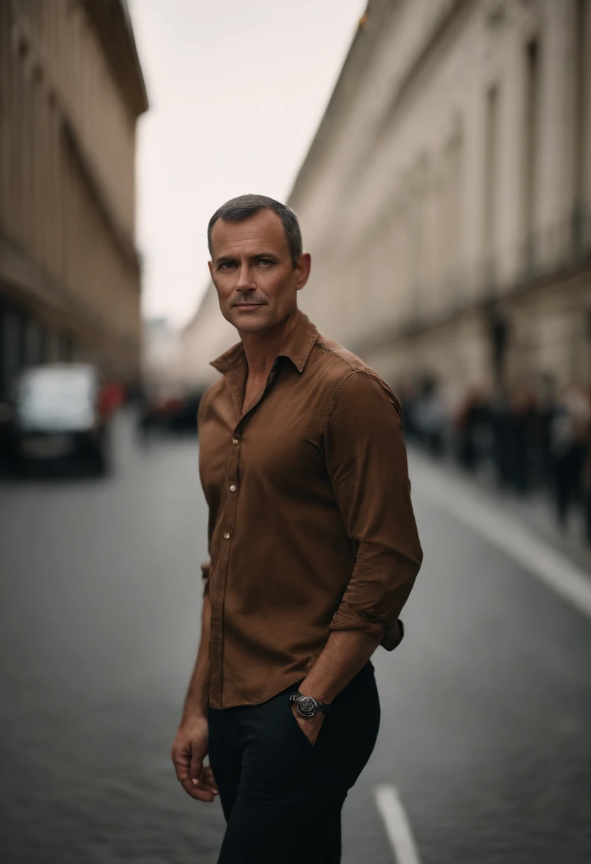 Cinematographic portrait , Un homme Handom, Grand et en forme, (40 ans:1.1), (shaven:1.2), (very short brown hair :1.5),(very short hair:1.6). costume moulant noir, chemise blanche . minimalist background, Composition propre, Strong details, muted colors, Hasselblad, style brut