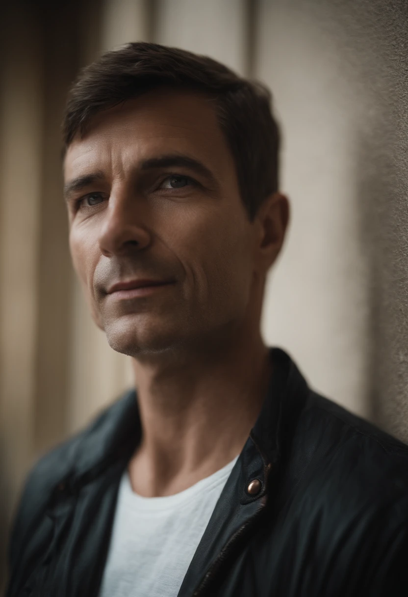 Cinematographic portrait , Un homme Handom, Grand et en forme, (40 ans:1.1), (shaven:1.2), (very short brown hair :1.5),(very short hair:1.6). costume moulant ????, chemise blanche . minimalist background, Composition propre, Strong details, muted colors, Hasselblad, style brut