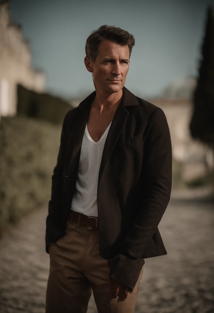 Cinematographic portrait , Un homme Handom, Grand et en forme, (40 ans:1.1), (shaven:1.2), (very short brown hair :1.5),(very short hair:1.6). costume moulant noir, chemise blanche . minimalist background, Composition propre, Strong details, muted colors, Hasselblad, style brut