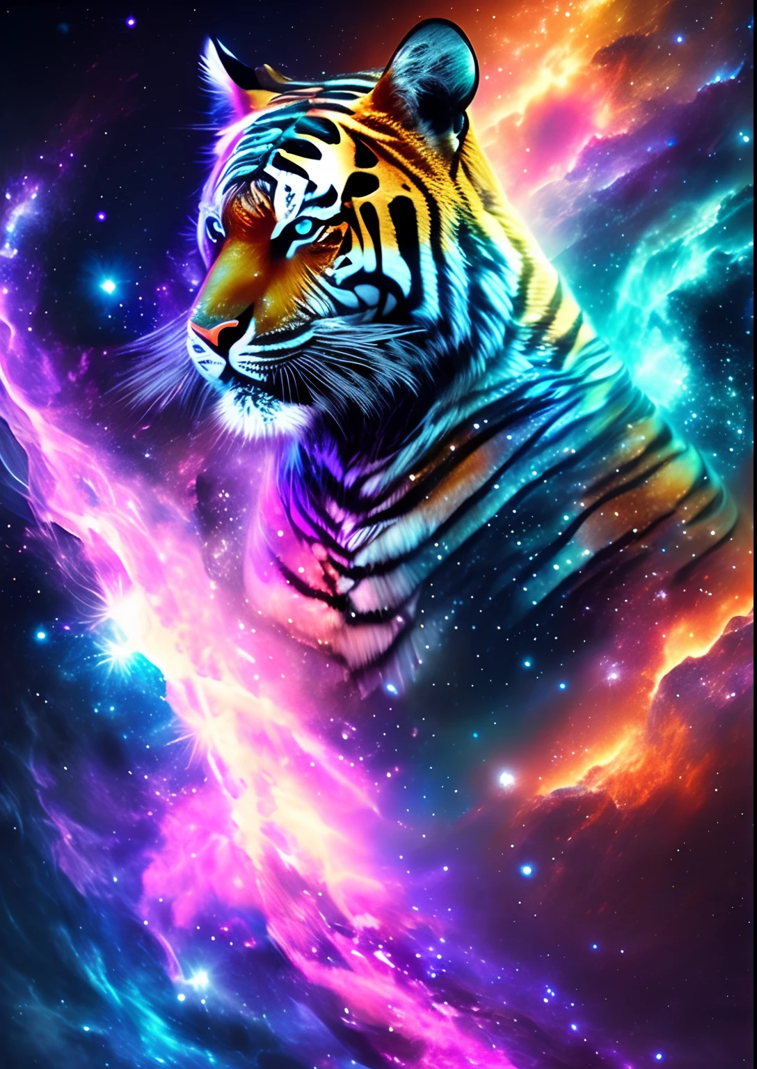 dreamlikeart, galaxy, outer space, nebula, star, [cyberpunked] Tiger from the stars (star:1.5),