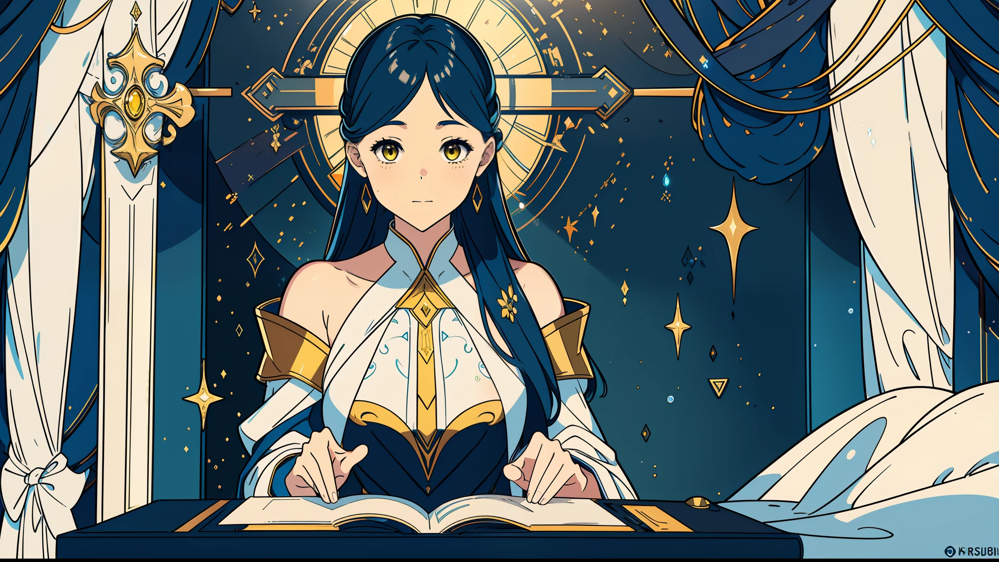 ****ung girl with long blue and yellow eyes with reading a letter while sitting in private room in the night takling with mature shoulder length blue hair man  with yellow eye, High detail mature face, tie hair on the left side, golden eyes, white sleep gown, high res, ultra sharp, 8k, masterpiece, smiling, fantasy world, magical radiance background ((Best quality)), ((masterpiece)), 3D, HDR (High Dynamic Range),Ray Tracing, NVIDIA RTX, Super-Resolution, Unreal 5,Subsurface scattering, PBR Texturing, Post-processing, Anisotropic Filtering, Depth-of-field, Maximum clarity and sharpness, Multi-layered textures, Albedo and Specular maps, Surface shading, Accurate simulation of light-material interaction, Perfect proportions, Octane Render, Two-tone lighting, Wide aperture, Low ISO, White balance, Rule of thirds,8K RAW, Aura, masterpiece, best quality, Mysterious expression, magical effects like sparkles or energy, flowing robes or enchanting attire, mechanic creatures or mystical background, rim lighting, side lighting, cinematic light, ultra high res, 8k uhd, film grain, best shadow, delicate, RAW, light particles, detailed skin texture, detailed cloth texture, beautiful face, 
(masterpiece), best quality, expressive eyes, perfect face,