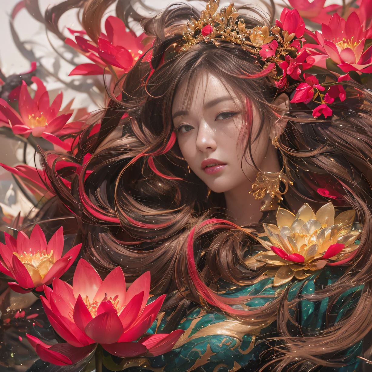 32K(tmasterpiece,k hd,hyper HD,32K)Large curls,Flowing rouge,ponds,zydink, a color, Asian people (Silly girl), (Silk scarf), Combat posture, looking at the ground, Large rolls of rouge, Flowing rouge curls,Onyx emerald tiara, Chinese long-sleeved black gold garment, (abstract ink splash:1.2), Pink lotus background,Water lily flower protector(realisticlying:1.4),Rouge hair,Autumn is in full swing,The background is pure, A high resolution, the detail, RAW photogr, Sharp Re, Nikon D850 Film Stock Photo by Jefferies Lee 4 Kodak Portra 400 Camera F1.6 shots, Rich colors, ultra-realistic vivid textures, Dramatic lighting, Unreal Engine Art Station Trend, cinestir 800,Large curls,Flowing rouge
