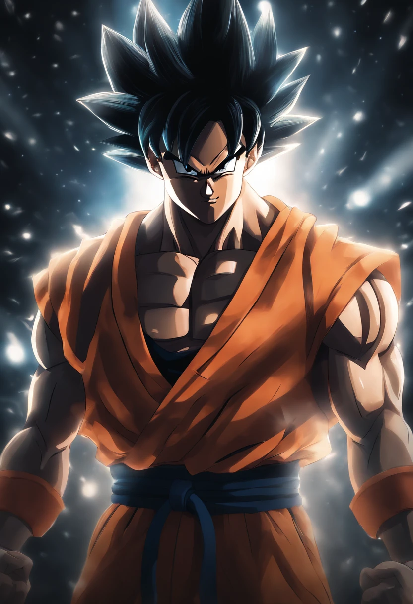 son goku, 1boy, backlighting, black eyes, black hair, blue wristband, closed mouth, dougi, hair strand, hands up, light particles, looking at viewer, male focus, muscular, muscular male, pectorals, smile, solo, spiked hair, upper body, wristband, ((masterpiece))