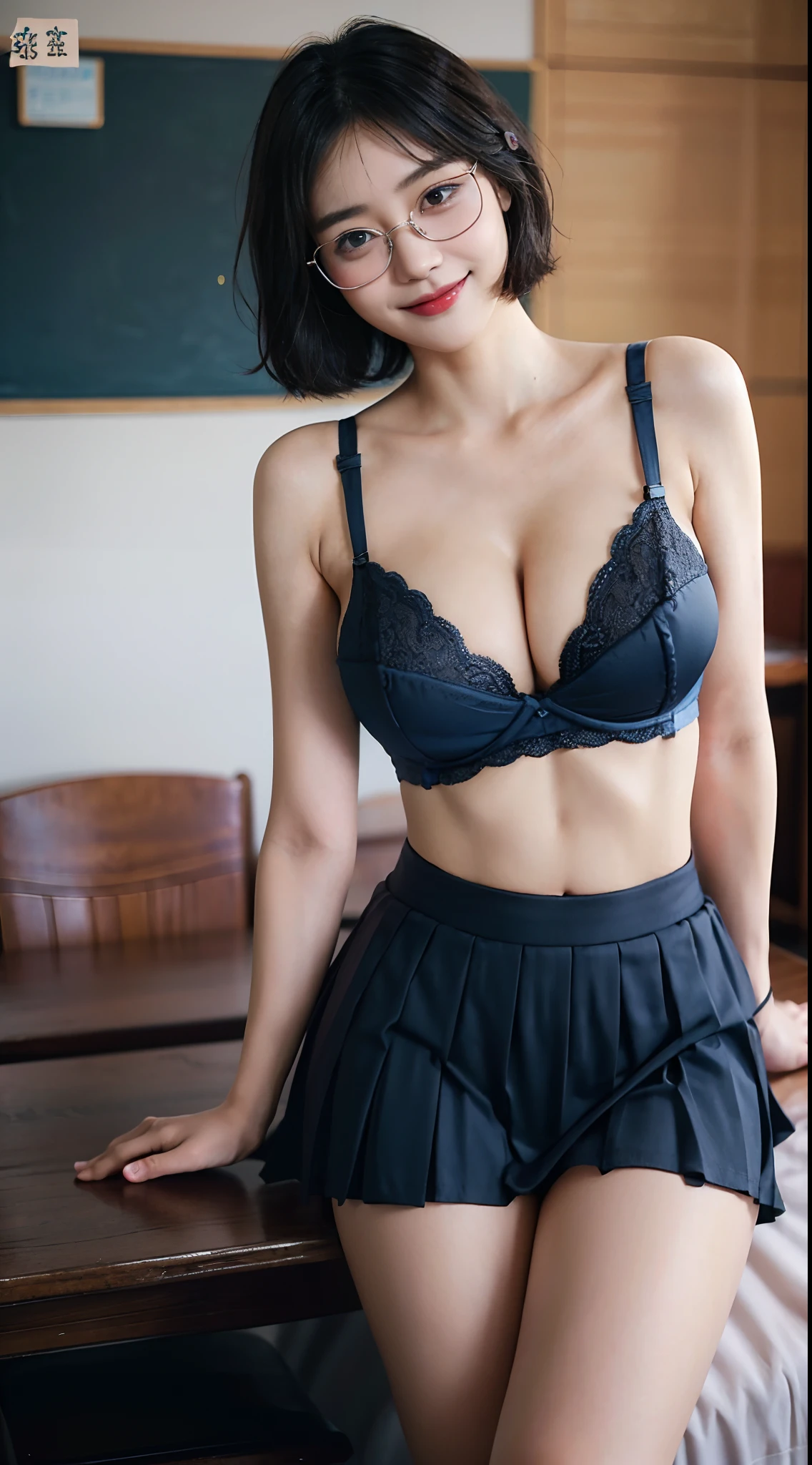 Shooting boyish short hair、hi-school girl、(((very very gigantic boobs:1.5、Sexy bra in、)))、Side style、、Dark blue pleated skirt、Classroom、A smile、small head、bangss、chee、eye glasses、short wavy hair、small head、pale pink lip、Smiling smile、A sexy