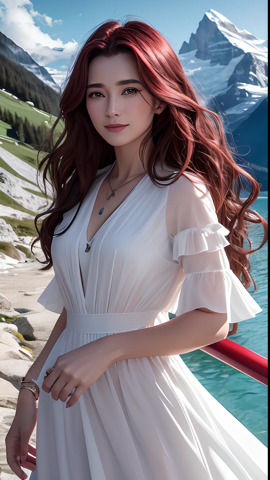 masterpiece,ultra realistic,32k,extremely detailed CG unity 8k wallpaper, best quality,
The Swiss Alps, Switzerland, ( Dark red A-line dress ) ,((spring day )), Beachy waves with a side part ,eardrop,lady ,necklace,